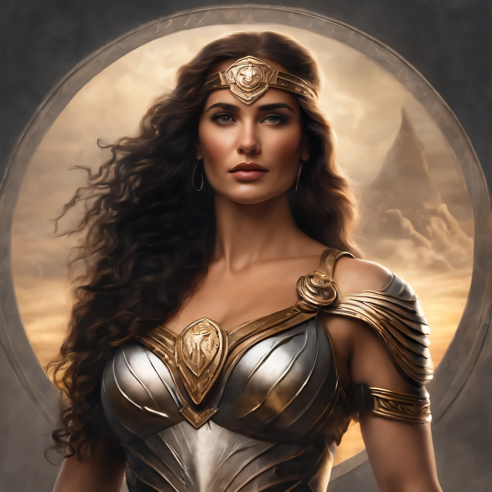 A NSFW painting of the Goddess Athena, a beautiful divine greek warrior and sensual woman with brown hair and fierce gray eyes. She is showing her beautiful ass and looking back. View from behind.