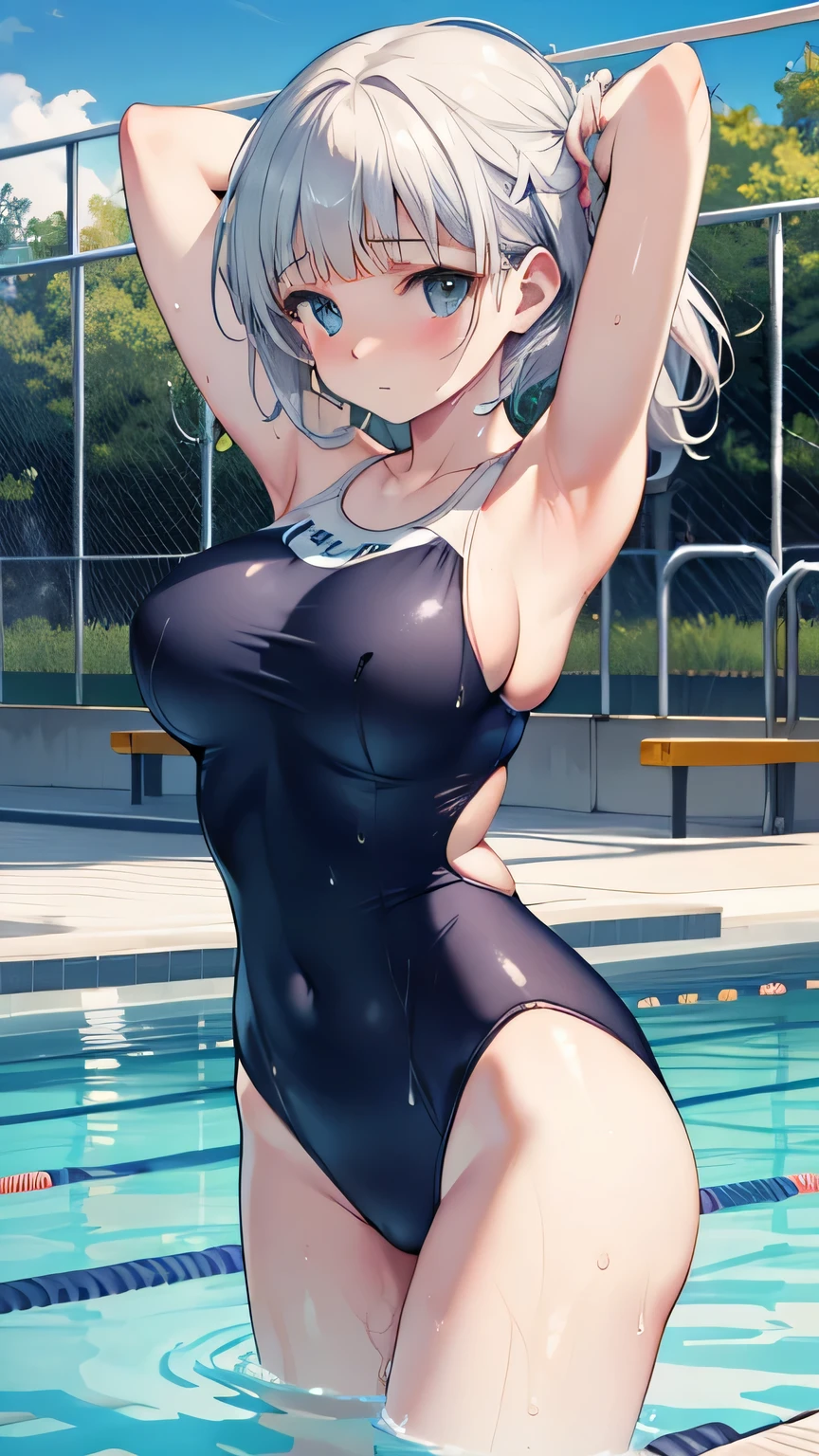 (Highly detailed CG Unity 8k wallpaper),(masterpiece), (highest quality), (Super detailed), (Best illustrations),(Best Shadow), Large Breasts　White Hair　Stretching by the school pool　School Swimsuit　Wet　Being watched by men　Embarrassed expression