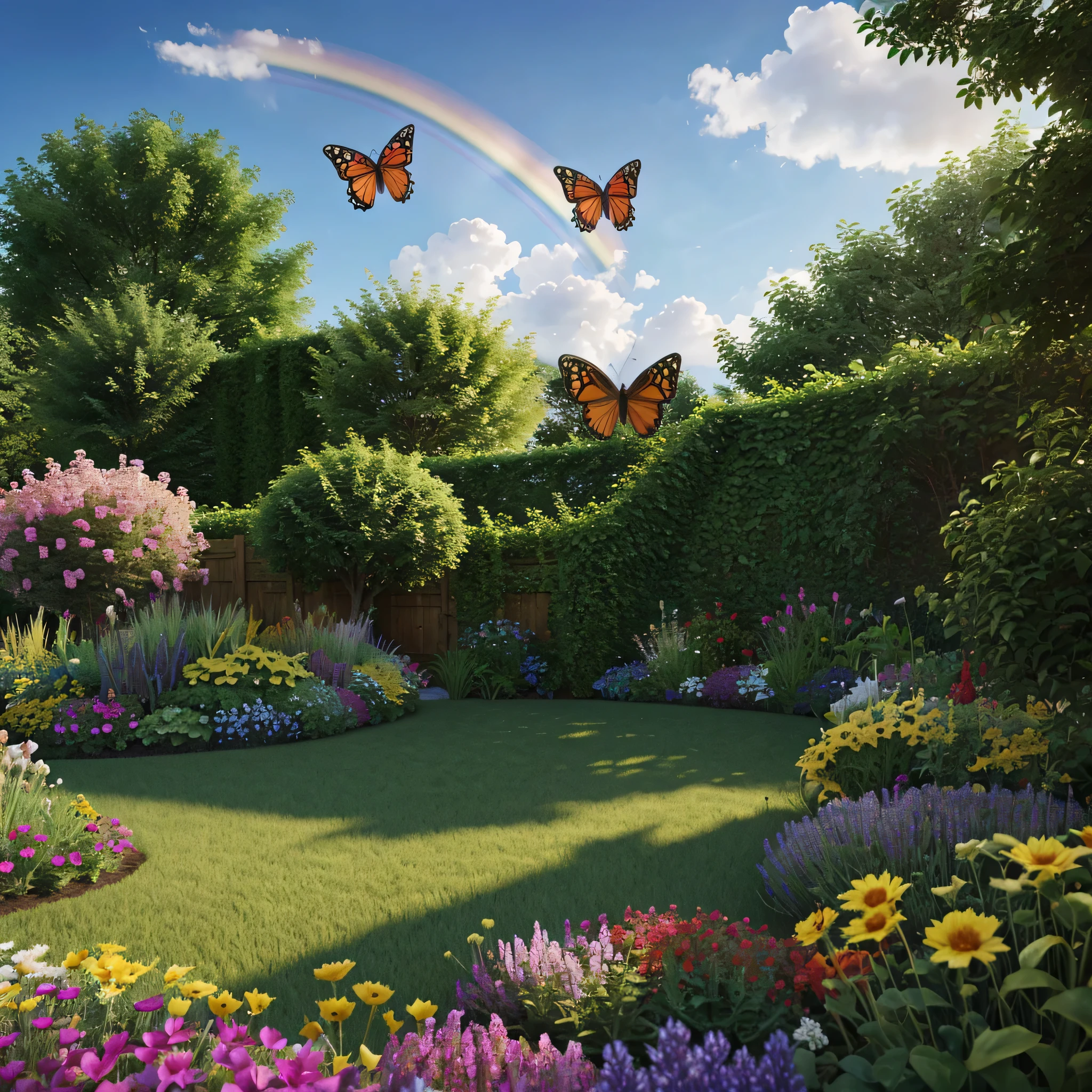 A rainbow butterfly flying in the garden before a house, very detailed, 4K realistic