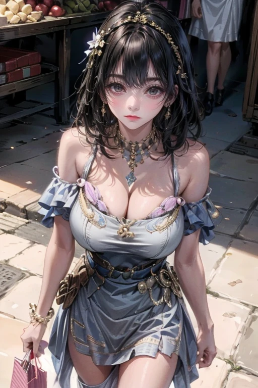 1girl,solo,cute,big breast,cleavage,native dress,dress,gorgeous,in bazzar,shopping