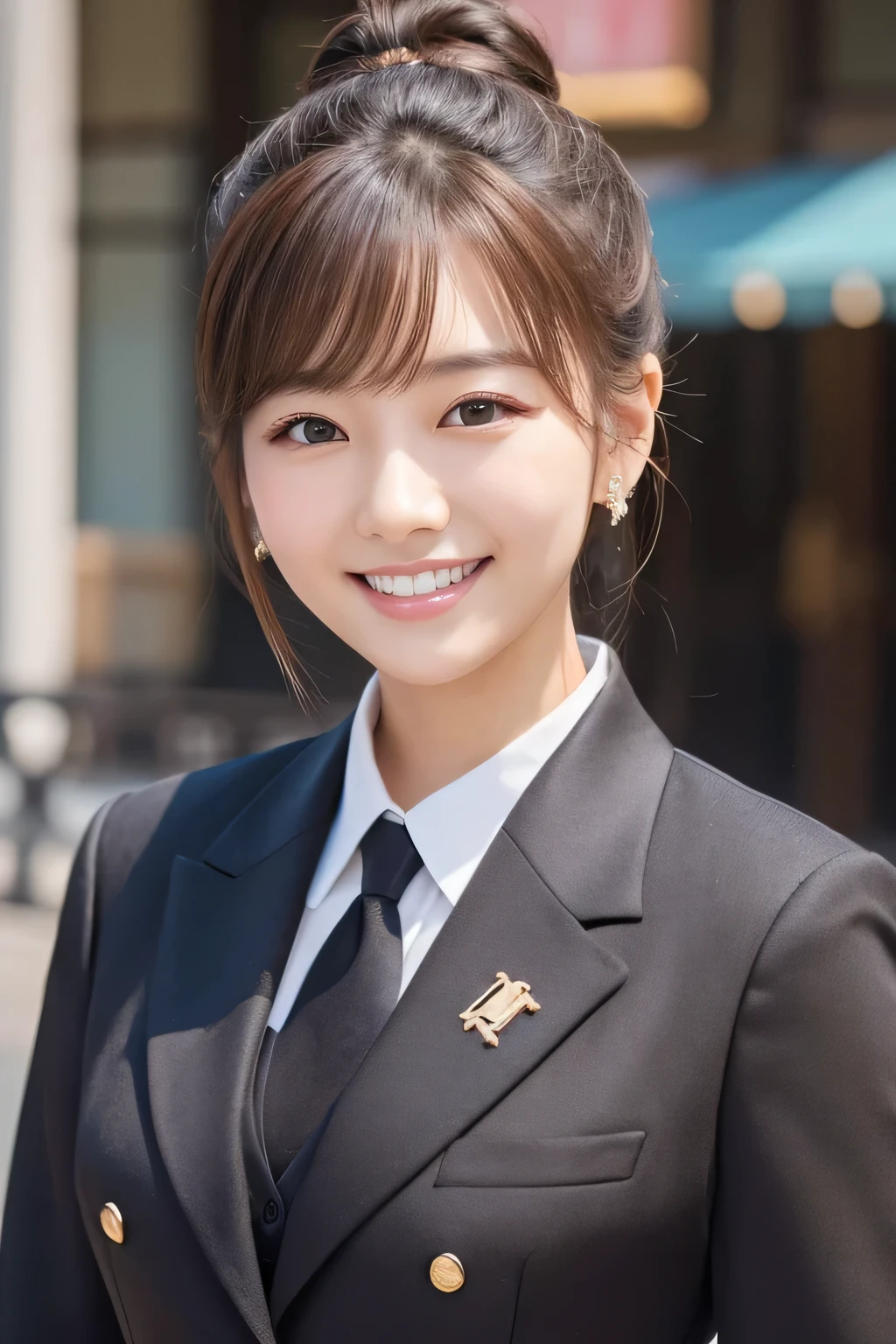 young woman、 Korean women、Brown Hair、Hairstyle bun、ear piercing、、Black business suit、smile、Beautiful teeth alignment、Intricate details, Very detailed:1.2), 、 Looking into the camera,The background is the town、