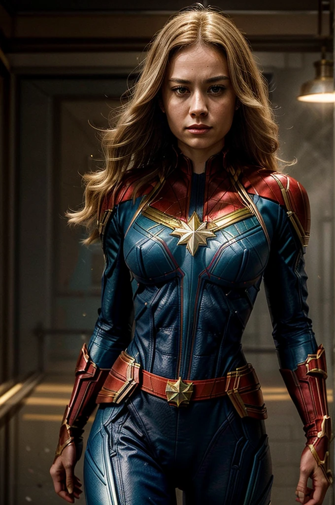 "Generate an image of a stunning version of Captain Marvel with long flowing blonde hair. Seu cabelo brilha sob a luz do sol, criando um visual espetacular. She possesses piercing blue eyes that radiate confidence and power. Wearing Captain Marvel's iconic costume in shades of red, azul e dourado, que se encaixa perfeitamente no seu slender, corpo atletico. The uniform is enhanced by intricate details and bright designs, Criando um visual verdadeiramente majestoso. His posture is imposing, Reflecting her heroine spirit. She's in a setting that appears to be a heavenly landscape, com raios de luz dourada irradiando em torno dela, highlighting its imposing presence. The camera captures it at a dynamic angle, Honing Your Power and Determination. This version of Captain Marvel is truly magnificent and awe-inspiring."