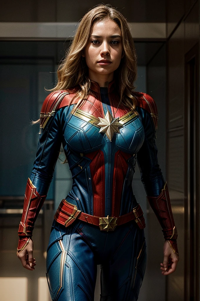 "Generate an image of a stunning version of Captain Marvel with long flowing blonde hair. Seu cabelo brilha sob a luz do sol, criando um visual espetacular. She possesses piercing blue eyes that radiate confidence and power. Wearing Captain Marvel's iconic costume in shades of red, azul e dourado, que se encaixa perfeitamente no seu slender, corpo atletico. The uniform is enhanced by intricate details and bright designs, Criando um visual verdadeiramente majestoso. His posture is imposing, Reflecting her heroine spirit. She's in a setting that appears to be a heavenly landscape, com raios de luz dourada irradiando em torno dela, highlighting its imposing presence. The camera captures it at a dynamic angle, Honing Your Power and Determination. This version of Captain Marvel is truly magnificent and awe-inspiring."