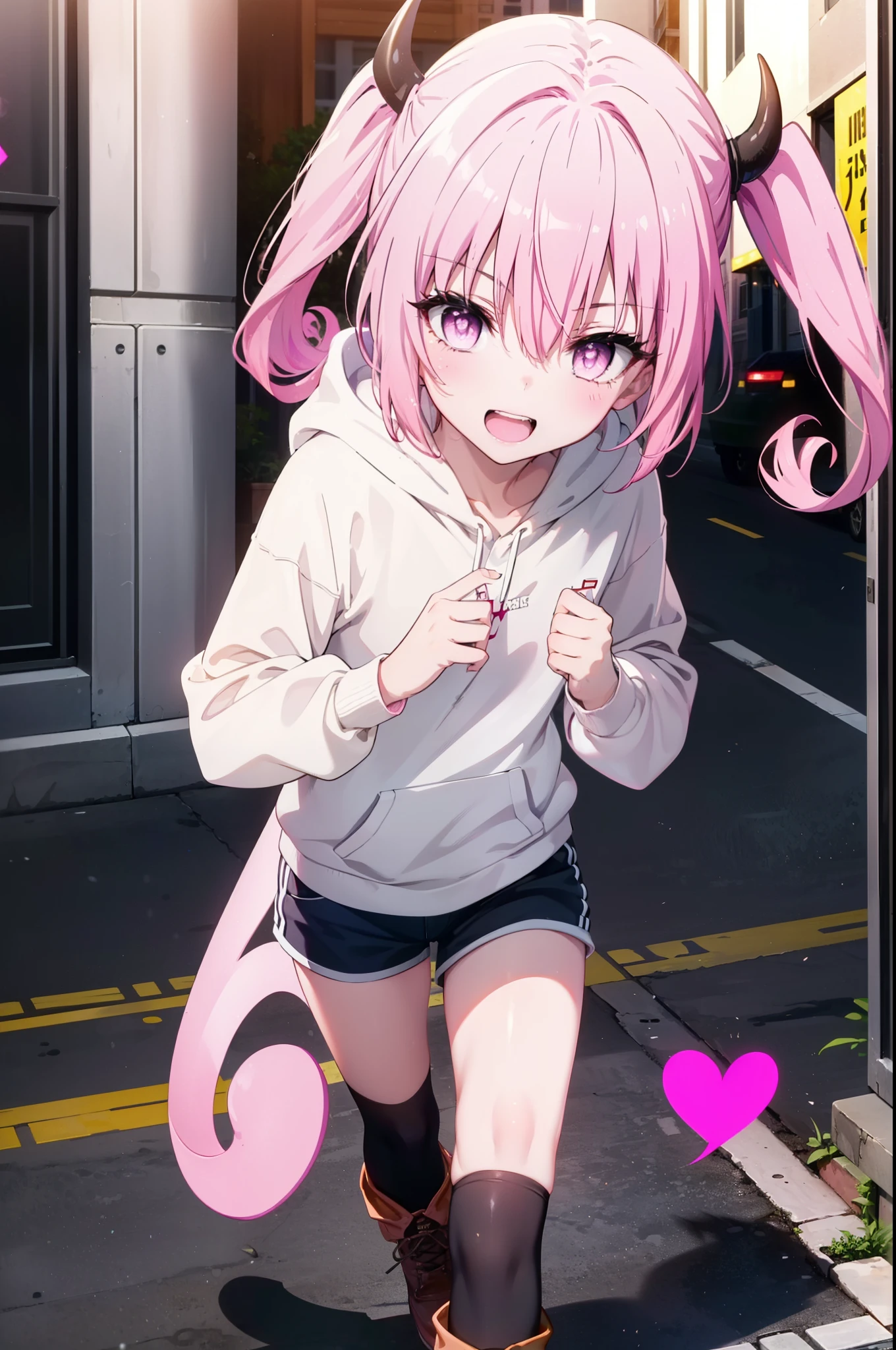 devil, That deviluke, teeth, Long Hair, (Pink Eyes:1.5), Pink Hair, tail, Twin tails, (Flat Chest:1.2),tail,happy smile, smile, Open your mouth,
break demon tail, Oversized hoodie,Shorts,Black knee socks,short boots,walking,whole bodyがイラストに入るように,
break outdoors, city,construction area,
break looking at viewer, whole body,
break (masterpiece:1.2), highest quality, High resolution, unity 8k wallpaper, (shape:0.8), (beautiful detailed eyes:1.6), extremely detailed face, Perfect lighting, extremely detailed CG, (Perfect hands, Perfect Anatomy),
