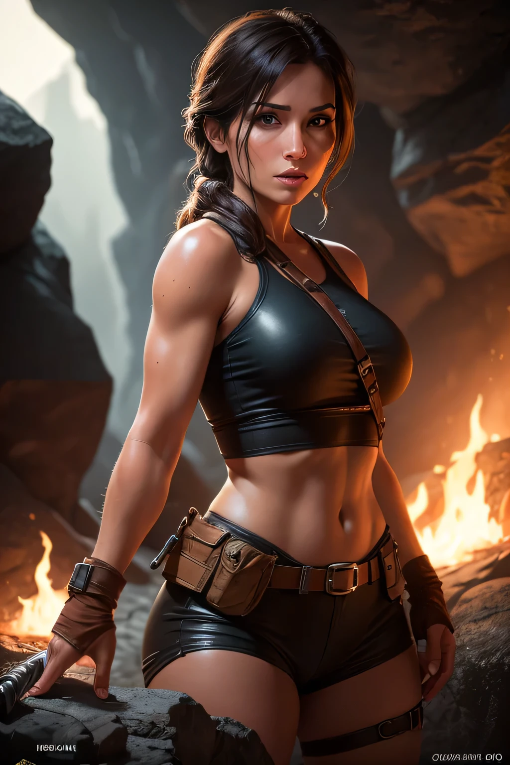 Lara Croft, exploring dark cave, water, moonlight, fire, (8k, RAW photo, best quality, masterpiece:1.2),ultra-detailed, (high detailed skin:1.2), 8k uhd, dslr, soft lighting, high quality, (8k, RAW photo, best quality, masterpiece:1.2),ultra-detailed, (high detailed skin:1.2), 8k uhd, dslr, soft lighting, high quality,