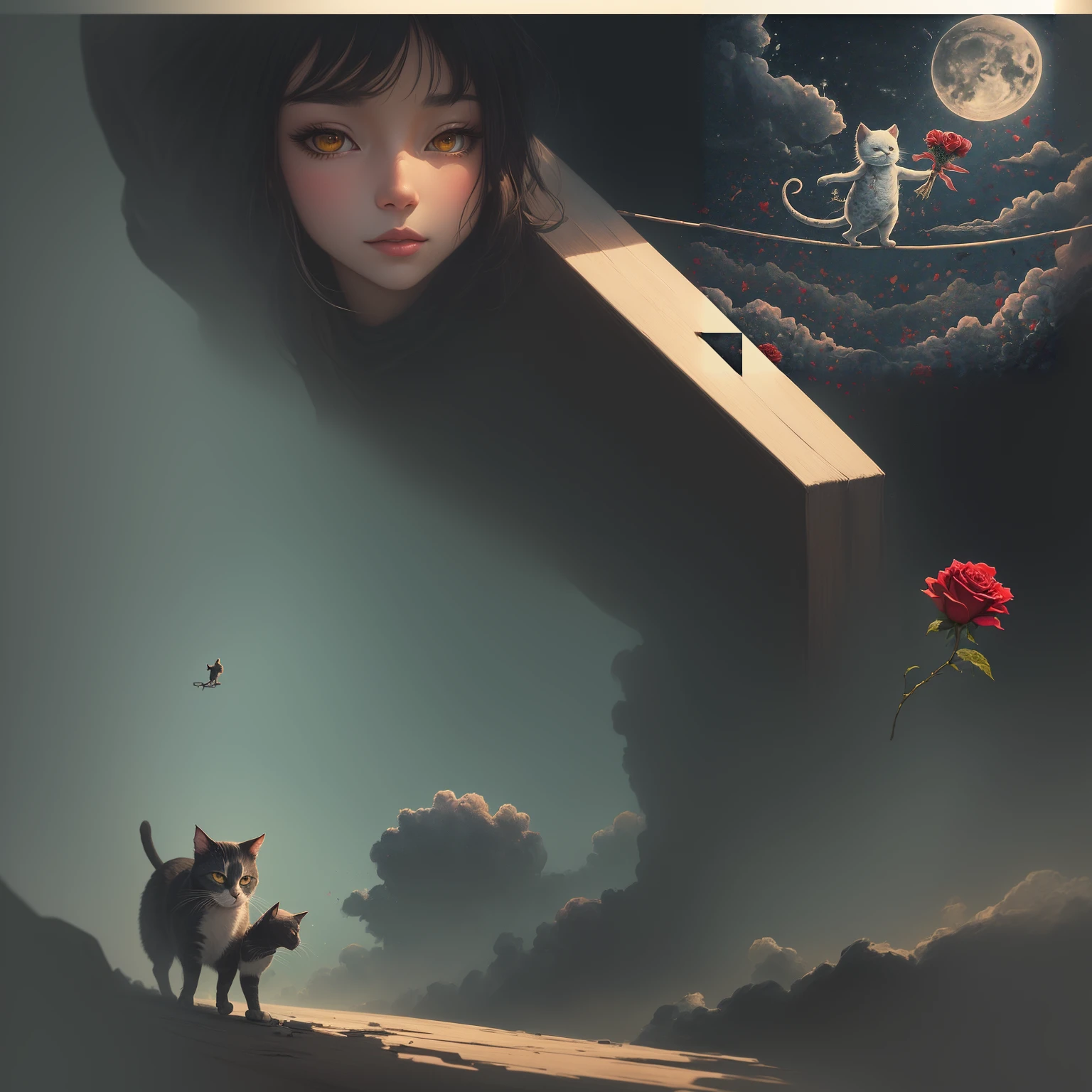 painting of a cat walking on a tight rope with a rose in its hand, beeple and jeremiah ketner, cyril rolando and goro fujita, ghibli tom bagshaw, inspired by Jakub Schikaneder, lofi art, in style of cyril rolando, 3 0, cyril rolando and m. w kaluta, inspired by Cyril Rolando