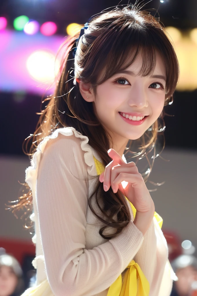 (high resolution、high quality、High resolution、detailed、8k、masterpiece)、ultra A high resolution、(Photorealistic:1.3)、RAW Photos、1 girl、Disheveled silvery-white long hair、Glowing Skin、((Ultra-Realistic Details))、Portrait、Global Illumination、Shadow、Octane Rendering、8k、Super sharp、Beautiful breasts、Beautiful Eyes、Bright colors、smile、Very complex detailed、Realistic Light、CGSoation Trend、Beautiful Eyes、Shining Eyes、Smile on your face at the camera、Neon detailed、20age、Mean、Small devil、Obscene、wide shot、full body、Healthy body shape、Cosplay、A little sexy、Moe、Super cute、Beauty、pure、Fall in love、Idol、The sunlight is gentle、A smile that will make any otaku swoon、intellectual、Mature look、Fluttering costumes、Rorish、Perform on stage、concert photography、Cute Core、(((Observe the audience)))、Idol、(Japanese、Beautiful contours、Beautiful Eyes、Cute eyes)、Sing on live stage、Singing scene、((Bright colors、fantasy clothing)), Warm Light、(Anatomically correct)、(Perfect figure)、(Natural Hands、natural finger)、boots