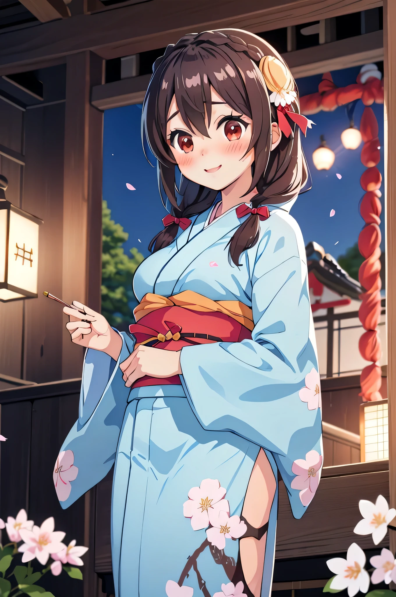 (masterpiece, highest quality), One girl,    Yunyun,Long Hair,Braiding,Twin tails,Hair between the eyes,Hair Ribbon,hair ornaments,Big Breasts,(Japanese light blue kimono:1.2),Red Eyes、(The best smile)、(blush:1.5)、cherry blossoms、Slit in kimono、