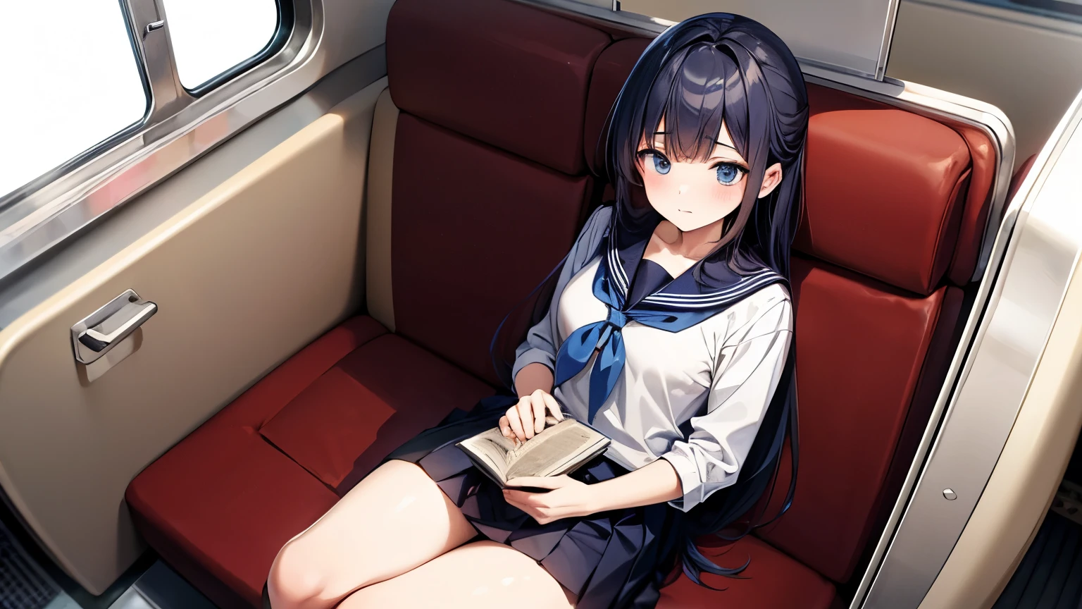 Female students in the early Showa period , Sailor suit,Long blue pleated skirt,Look at me with cold eyes.、I approached those eyes,Owns a book,riding a train,Sitting
