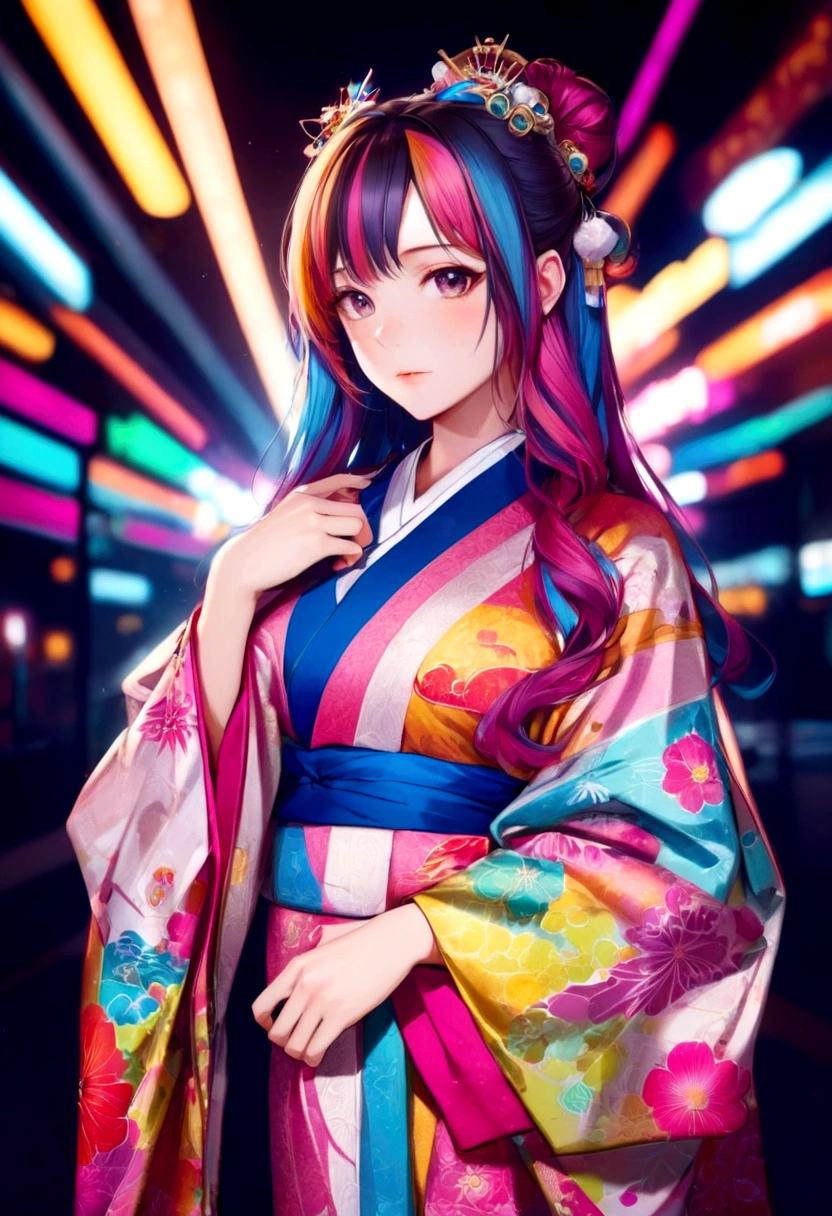 highest quality,masterpiece,Japanese Princess,Colorful hair colors,Fair skin,Long Hair,Twelve-layered robe,Kimono with flashy patterns,Intelligence,sexy, Cyber Background,Lori,