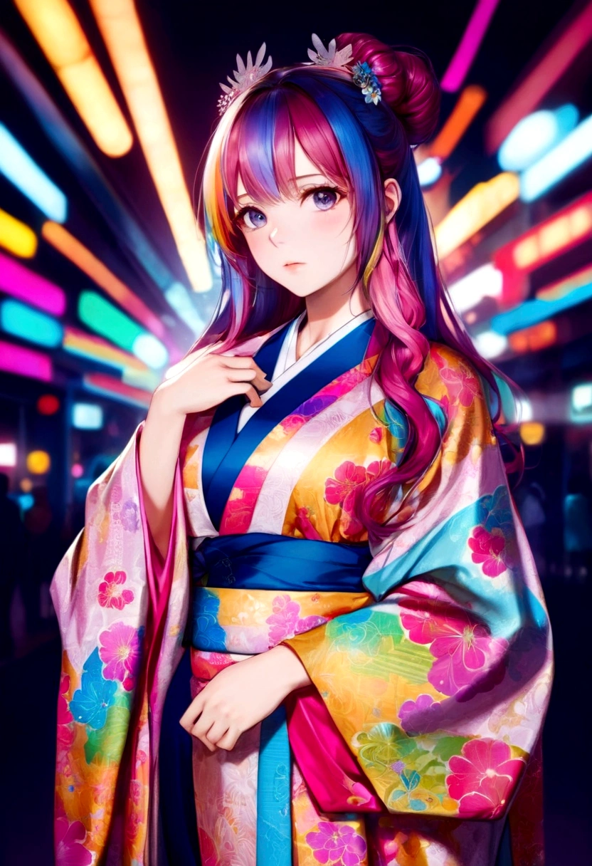 highest quality,masterpiece,Japanese Princess,Colorful hair colors,Fair skin,Long Hair,Twelve-layered robe,Kimono with flashy patterns,Intelligence,sexy, Cyber Background,Lori,