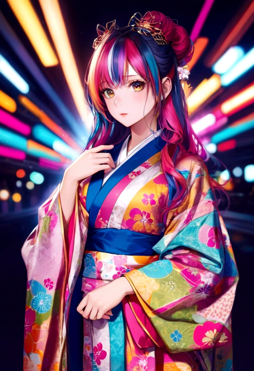 highest quality,masterpiece,Japanese Princess,Colorful hair colors,Fair skin,Long Hair,Twelve-layered robe,Kimono with flashy patterns,Intelligence,sexy, Cyber Background,Lori,