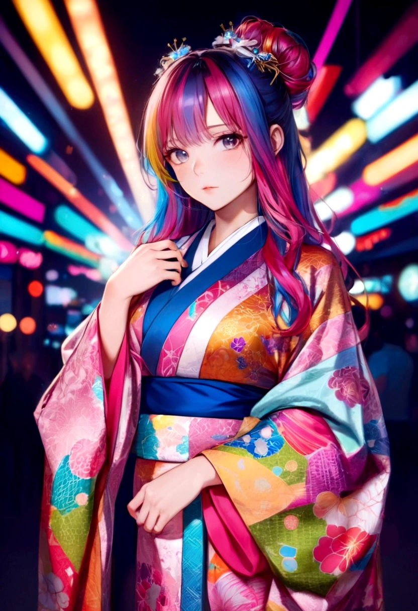 highest quality,masterpiece,Japanese Princess,Colorful hair colors,Fair skin,Long Hair,Twelve-layered robe,Kimono with flashy patterns,Intelligence,sexy, Cyber Background,Lori,