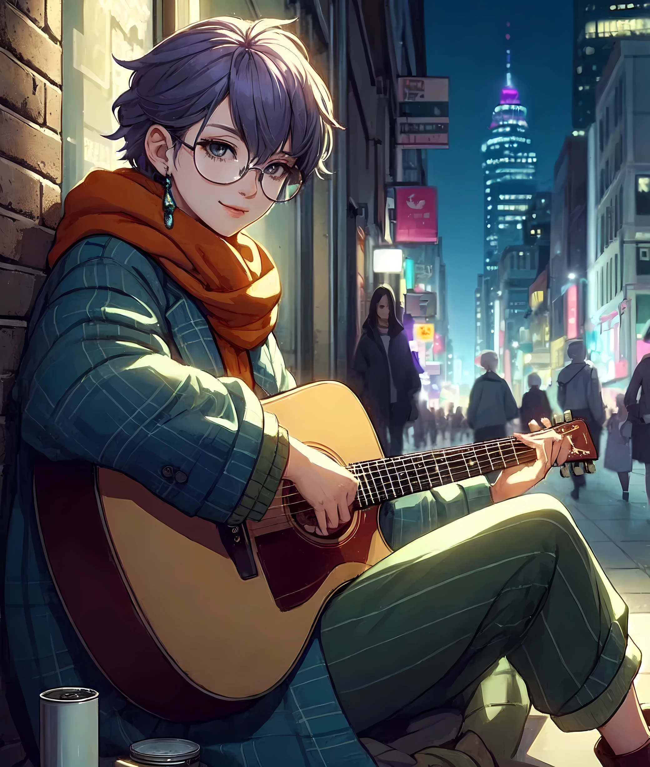 1lady solo, sitting comfortably, (playing the guitar:1.1), (oversized clothing) stylish outfit, mature female, /(gray hair/) bangs, light smile, (round eyewear), (masterpiece best quality:1.2) delicate illustration ultra-detailed, medium breasts BREAK (vibrant city street) outdoors, night, glow of streetlights, (empty can for tips), crowded, detailed background