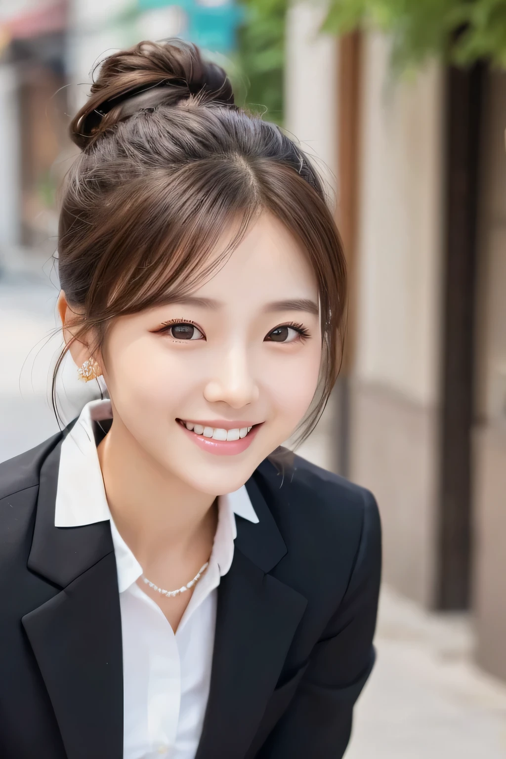young woman、 Korean women、Brown Hair、Hairstyle bun、ear piercing、、Black business suit、smile、Beautiful teeth alignment、Intricate details, Very detailed:1.2), 、 Looking into the camera,The background is the town、