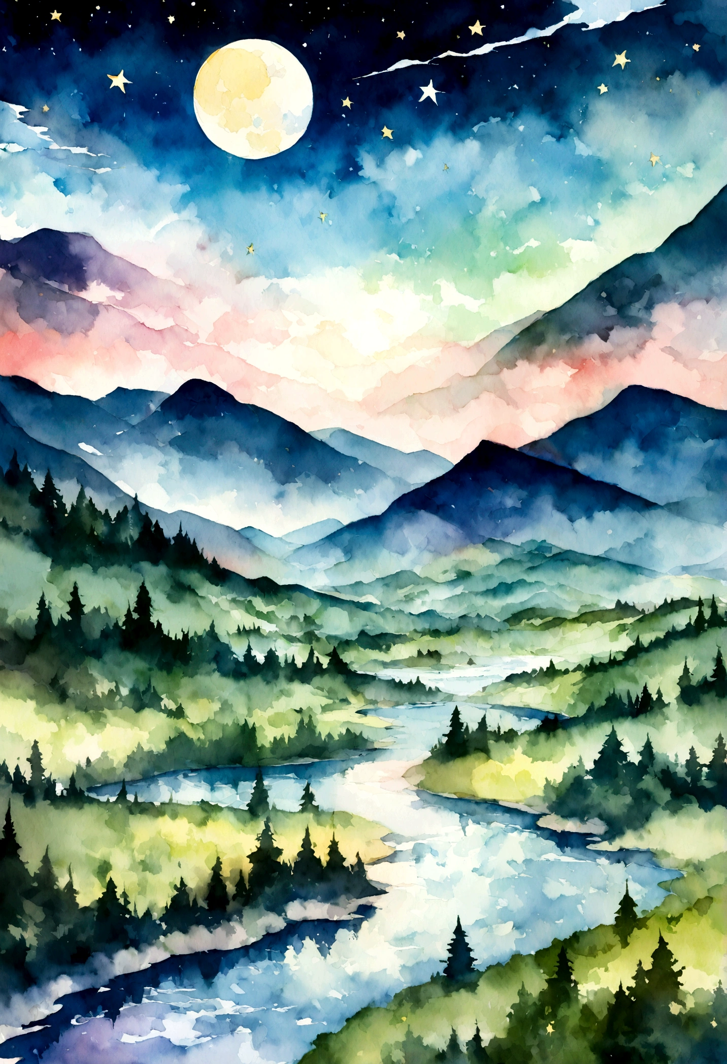 Mountains, Valley, River, moon, stars, Watercolor