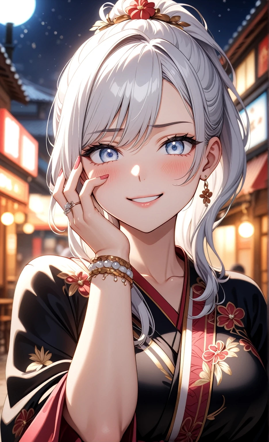 ((one personの女性)), Beautiful Face,(a woman requesting a hug. She has her arms open wide as if ready to embrace someone),(Bright red cheeks:1.3),Laughing embarrassedly,Laugh with your mouth wide open,Glossy pink lips,Cinema lighting,night,Outdoor tavern,firework,((Anime style background)),masterpiece, highest quality, so beautiful, Latest, Complex details, (Pink long nails),(ring),(bracelet),(choker),AI-generated, Complex,High resolution, highest quality, super high quality,3D Images、View your viewers、3D Images,one person,Long white hair,High Ponytail,(blue eyes),Anime woman posing for a photo, ((Fine grain、Silvery white colorful eyes、Shining Eyes:1.3)),(Squint your eyes:1.1),a hyperRealistic , hyperRealistic , Realistic,Anime woman with long and white hair, Smooth anime CG art, A woman in a colorful kimono with gold embroidery, (Black kimono),Red floral pattern,Long flower hair ornament,Big earrings,Mature Body,(Big Breasts:1.1),Tall,Fine details,Narrow waist, (Face close-up:1.1)