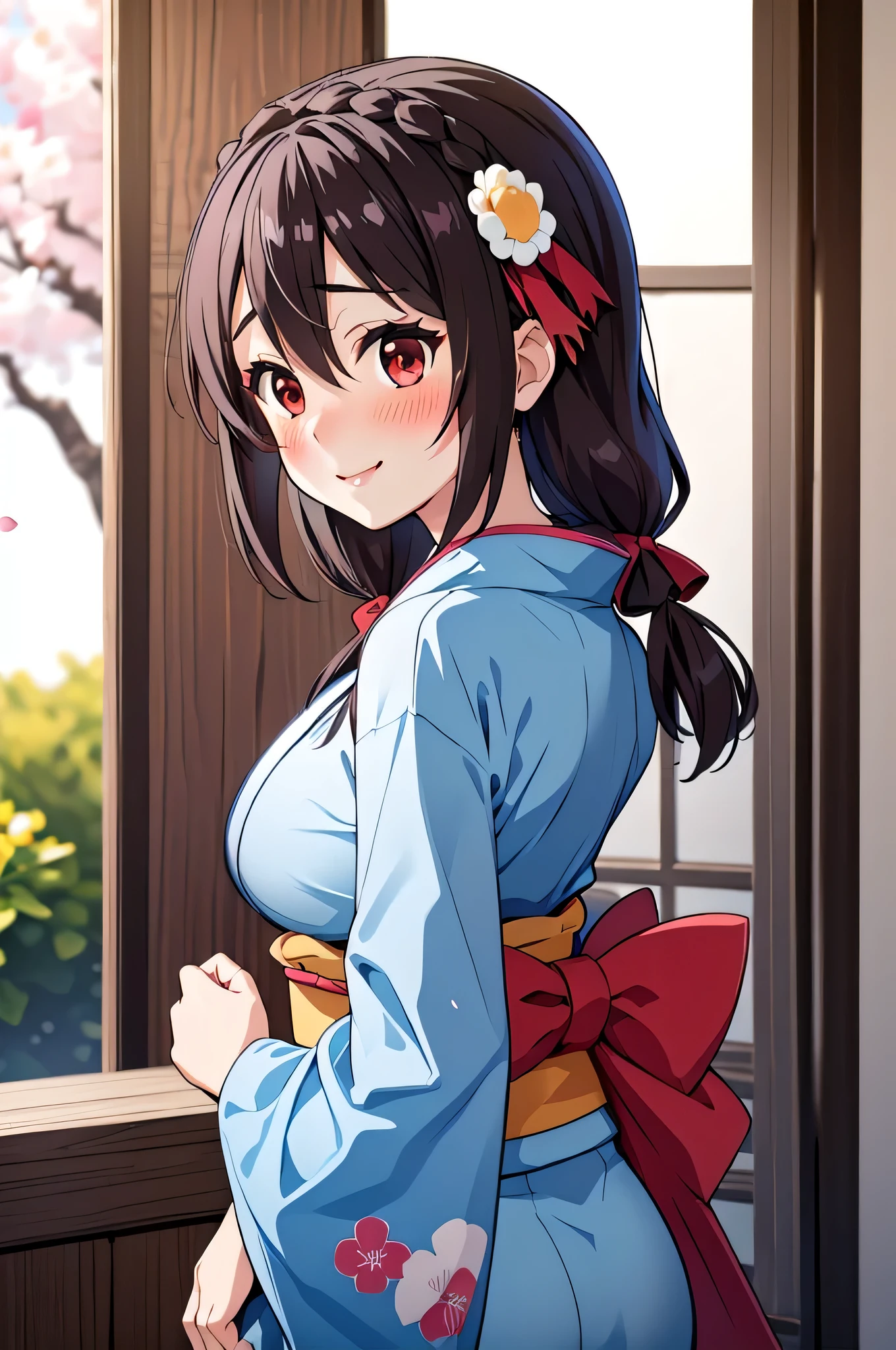 (masterpiece, highest quality), One girl,    Yunyun,Long Hair,Braiding,Twin tails,Hair between the eyes,Hair Ribbon,hair ornaments,Big Breasts,(Japanese light blue kimono:1.2),Red Eyes、(The best smile)、(blush:1.5)、cherry blossoms、Slit in kimono、Look back