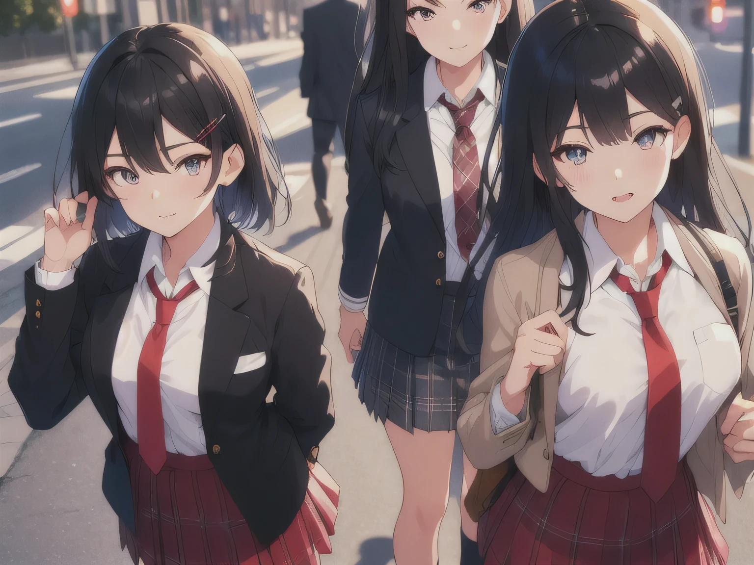 black hair, hairclip, sparkle, pov, anatomically correct, high details, highres, high quality, textured skin, masterpiece, accurate, perfect detailed eyes, perfect detailed face, ultra-detailed nose, Japanese high school girls, blazer, plaid skirt, white shirt, red tie,2 girls, (on street:1.3)