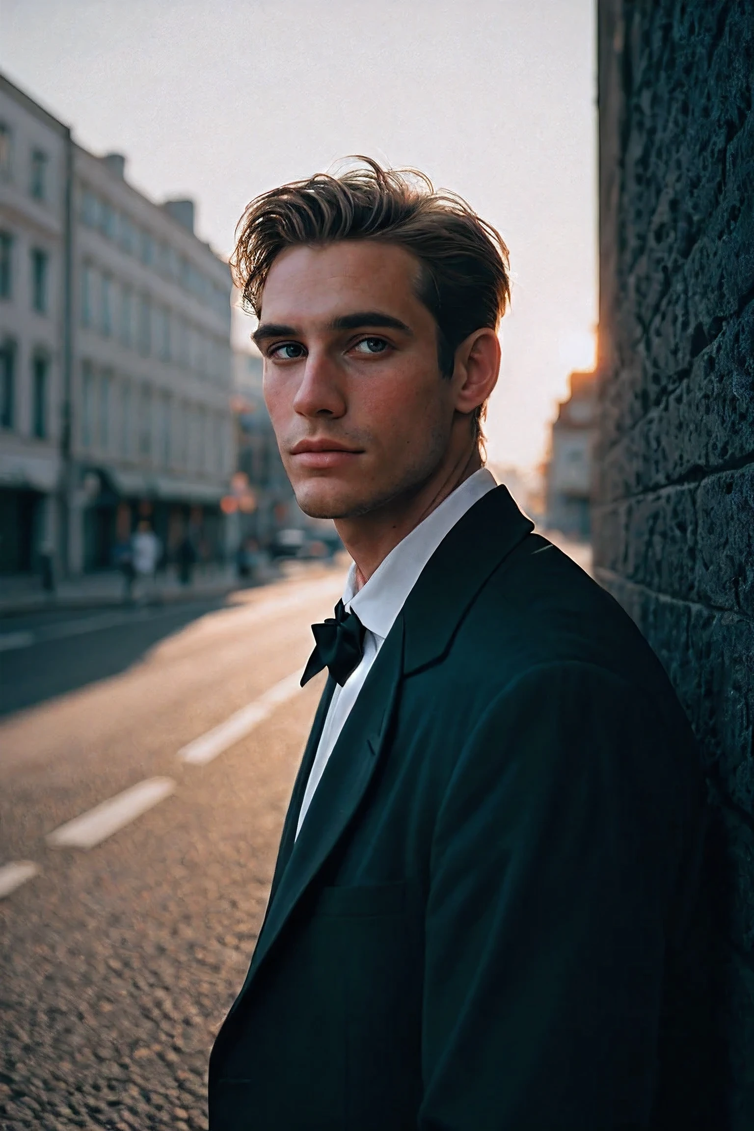 Portrait of handsome men, shot on Leica, shadowplay, gorgeous lighting, subtle pastel hues, outdoors
