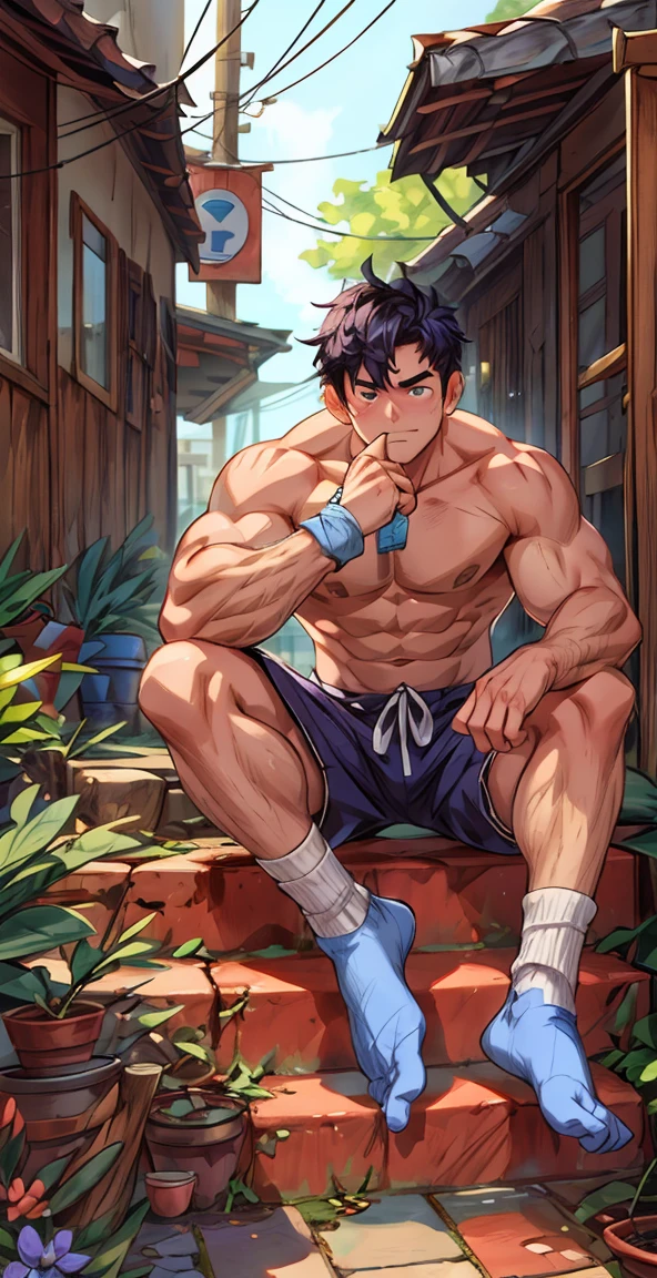 Leaning against the wall,closeup of arms,Thick arms,(masterpiece,best quality,H),1 person,Nude boy,Very shy,My face turned red,Shy,muscular,Delicateeyes,nude,(nude),blue eyes,Shirtless,Body,Blue purple short hair,(fluorescent lamp),(a color),((Blue Background)),Shorts with white stripes,White textured socks,(No shoes),Body covered with strong muscles,strong,Broad shoulders,Sitting on the steps,Place your hands on your thighs