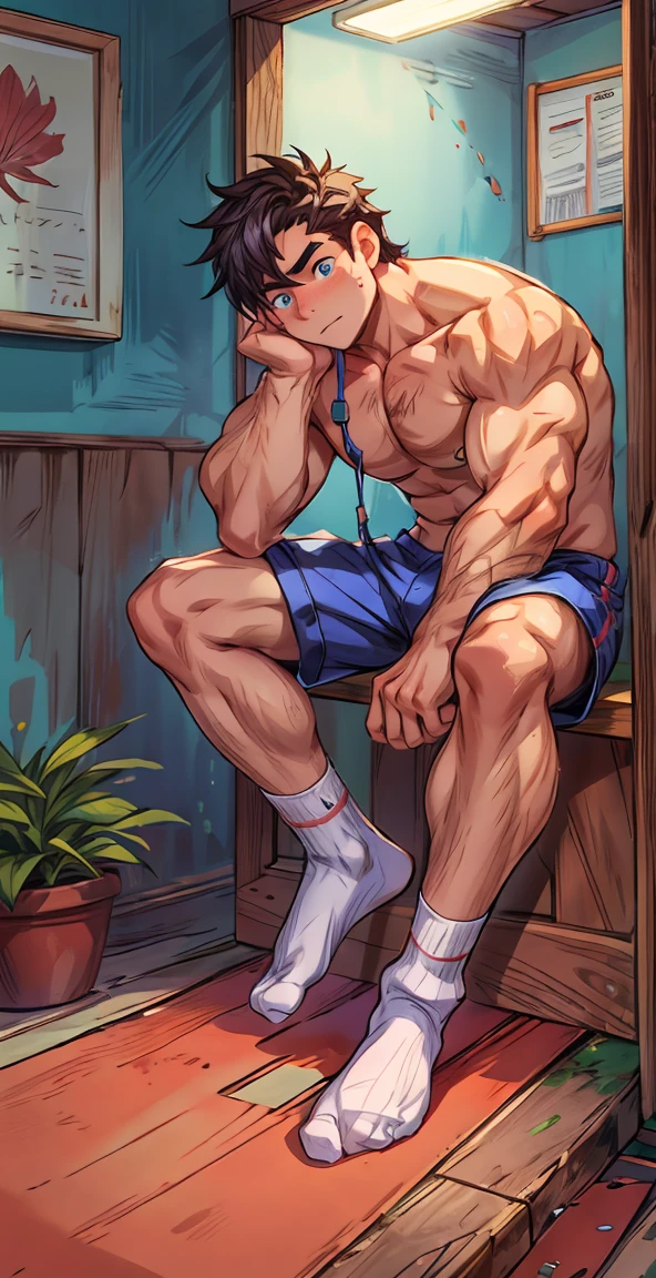 Leaning against the wall,closeup of arms,Thick arms,(masterpiece,best quality,H),1 person,Nude boy,Very shy,My face turned red,Shy,muscular,Delicateeyes,nude,(nude),blue eyes,Shirtless,Body,Blue purple short hair,(fluorescent lamp),(a color),((Blue Background)),Shorts with white stripes,White textured socks,(No shoes),Body covered with strong muscles,strong,Broad shoulders,Sitting on the steps,Place your hands on your thighs