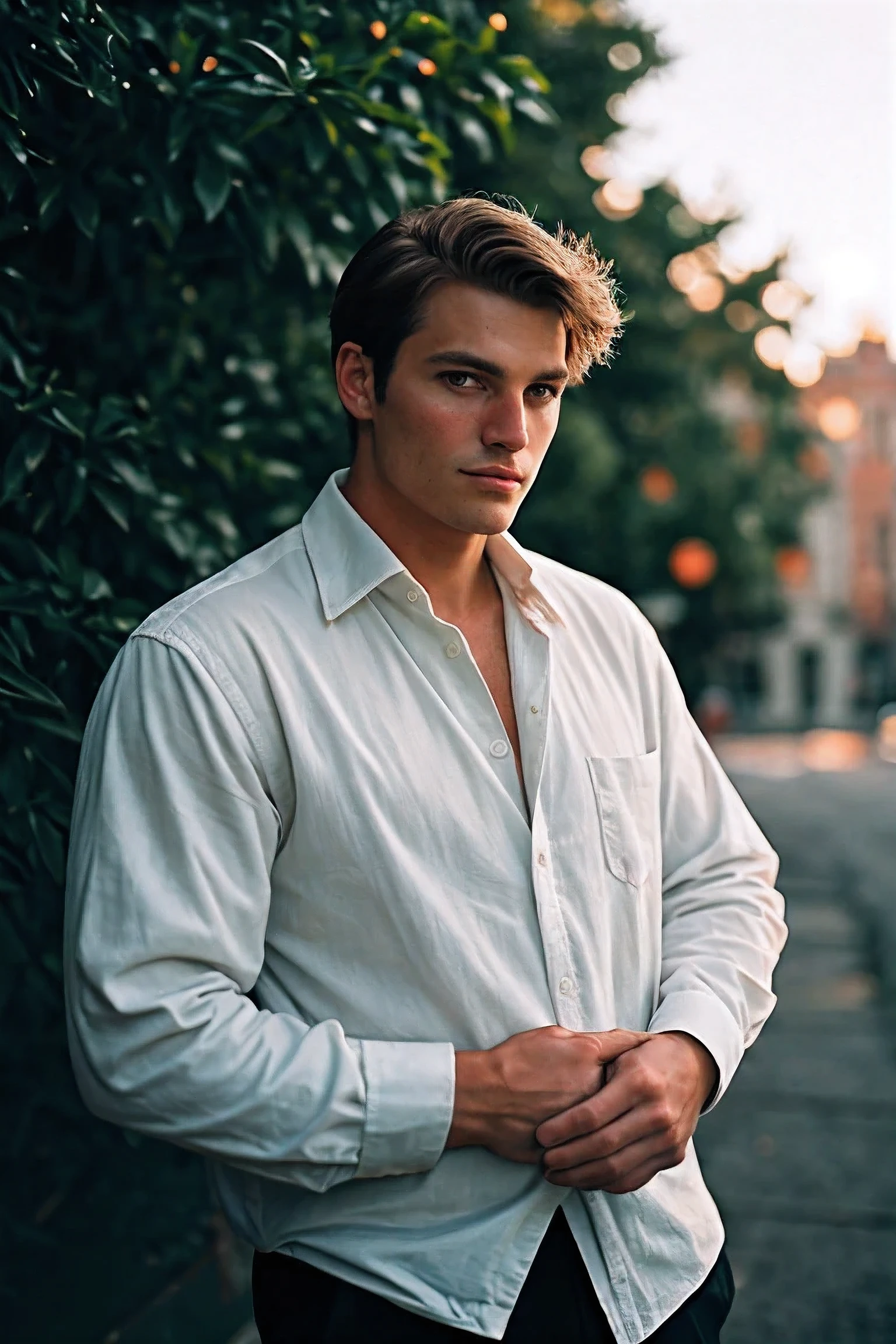 Portrait of handsome men, shot on Leica, shadowplay, gorgeous lighting, subtle pastel hues, outdoors
