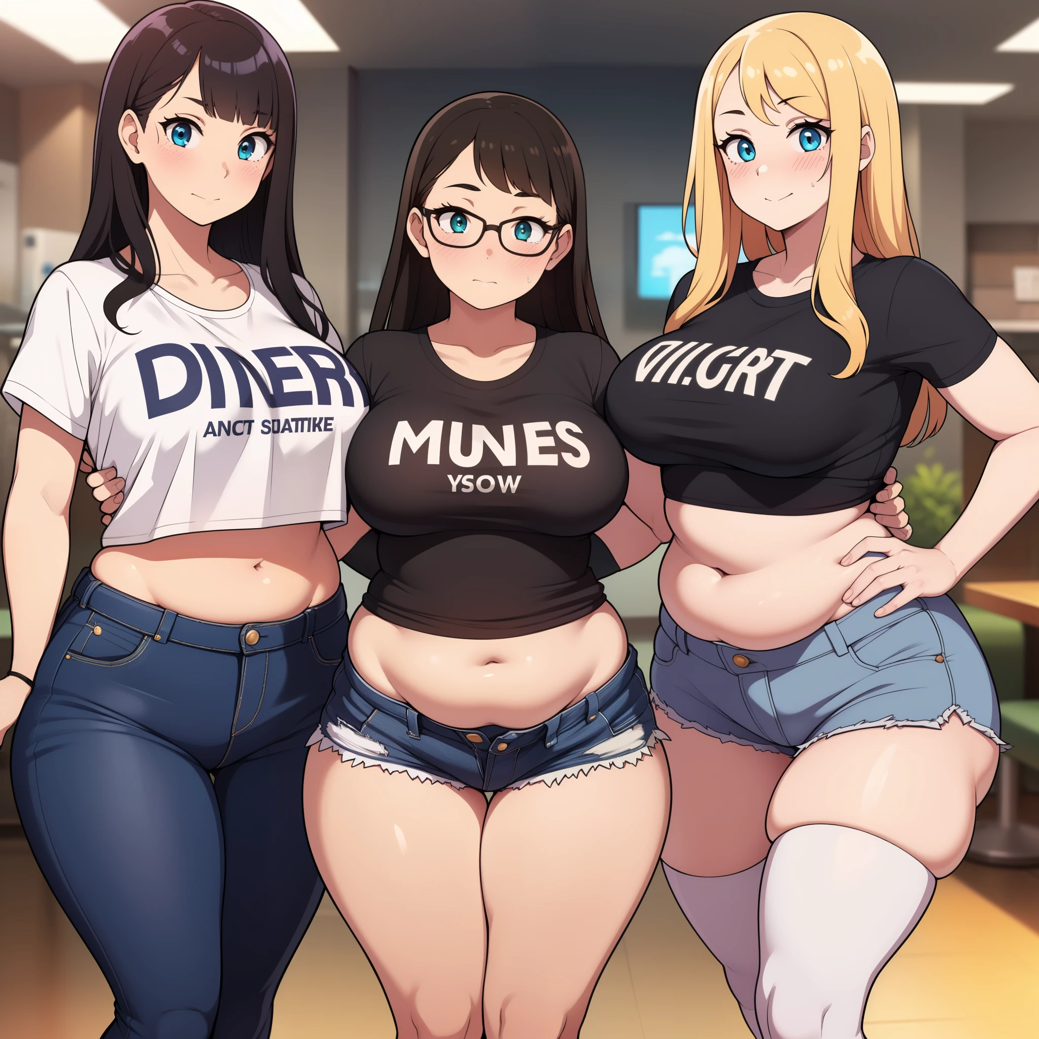 ((highres)), Masterpiece, high quality, best quality, beautiful, perfect lighting, detailed face, ultra cute face, (((3girls))), ((blush)), one girl has blonde hair, blue eyes, crop top and shorts, skindentation, one girl has brown hair, green eyes, jeans, white shirt, tight clothes, one girl has, Short black hair, brown eyes, crop top and shorts full body, fast food restaurant, medium breasts, ((wide hips)), ((thick thighs)), ((plump)), plump belly, fat folds, belly hang, standing, touching each other, belly grab, group photo, 