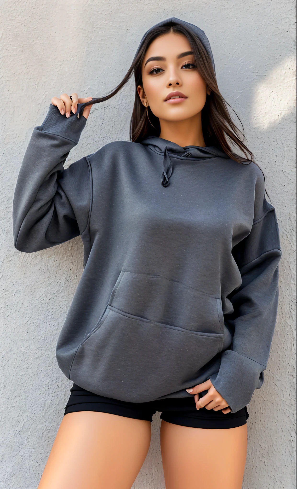 uma mulher de moletom cinza e short preto posando para uma foto, gray sweater, vestindo moletom, cinza escuro, superdimensionado, moda casual, roupas cinza, camisa cinza, wearing a dark sweater, cute moda casual, black sweater, 4 0 9 6, moletom cinza, pose casual, roupas realistas, superdimensionado hoodie, wearing casual sweater, solid gray, mulher em streetwear