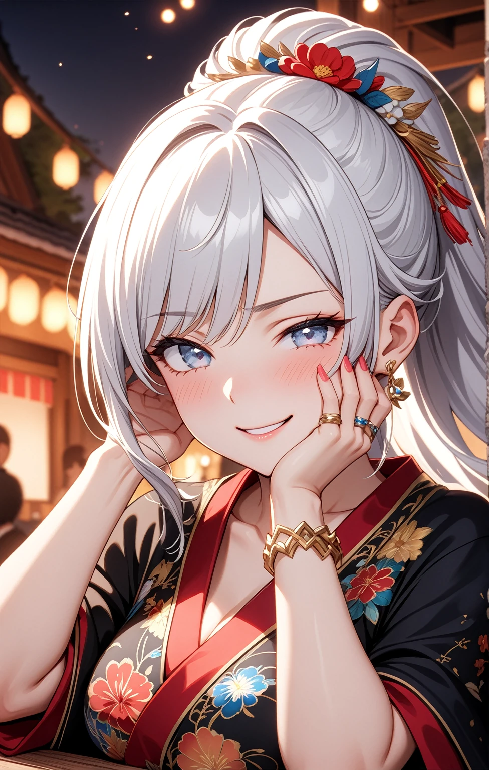 ((one personの女性)), Beautiful Face,(a woman covering her face with her hand in embarrassment. She is partially hiding her face with one hand and blushing shyl),((Wink:2.0)),(Bright red cheeks:1.3),Laughing embarrassedly,Glossy pink lips,Cinema lighting,night,Outdoor tavern,firework,((Anime style background)),masterpiece, highest quality, so beautiful, Latest, Complex details, (Pink long nails),(ring),(bracelet),AI-generated, Complex,High resolution, highest quality, super high quality,3D Images、View your viewers、3D Images,one person,Long white hair,High Ponytail,(blue eyes),Anime woman posing for a photo, ((Fine grain、Silvery white colorful eyes、Shining Eyes:1.3)),(Squint your eyes:1.1),a hyperRealistic , hyperRealistic , Realistic,Anime woman with long and white hair, Smooth anime CG art, A woman in a colorful kimono with gold embroidery, (Black kimono),Red floral pattern,Long flower hair ornament,Big earrings,Mature Body,(Big Breasts:1.1),Tall,Fine details,Narrow waist,(Face close-up:1.3), Put your elbows on the desk