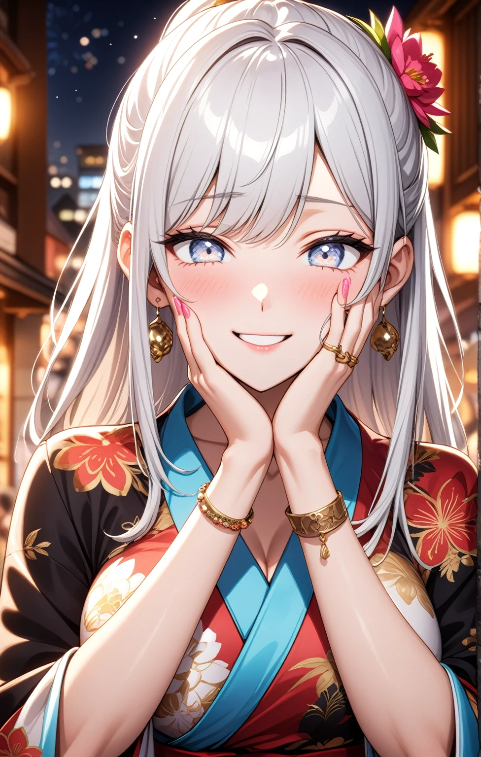 ((one personの女性)), Beautiful Face,(a woman covering her face with her hand in embarrassment. She is partially hiding her face with one hand and blushing shyl),((Wink:2.0)),(Bright red cheeks:1.3),Laughing embarrassedly,Glossy pink lips,Cinema lighting,night,Outdoor tavern,firework,((Anime style background)),masterpiece, highest quality, so beautiful, Latest, Complex details, (Pink long nails),(ring),(bracelet),AI-generated, Complex,High resolution, highest quality, super high quality,3D Images、View your viewers、3D Images,one person,Long white hair,High Ponytail,(blue eyes),Anime woman posing for a photo, ((Fine grain、Silvery white colorful eyes、Shining Eyes:1.3)),(Squint your eyes:1.1),a hyperRealistic , hyperRealistic , Realistic,Anime woman with long and white hair, Smooth anime CG art, A woman in a colorful kimono with gold embroidery, (Black kimono),Red floral pattern,Long flower hair ornament,Big earrings,Mature Body,(Big Breasts:1.1),Tall,Fine details,Narrow waist,(Face close-up:1.3), Put your elbows on the desk