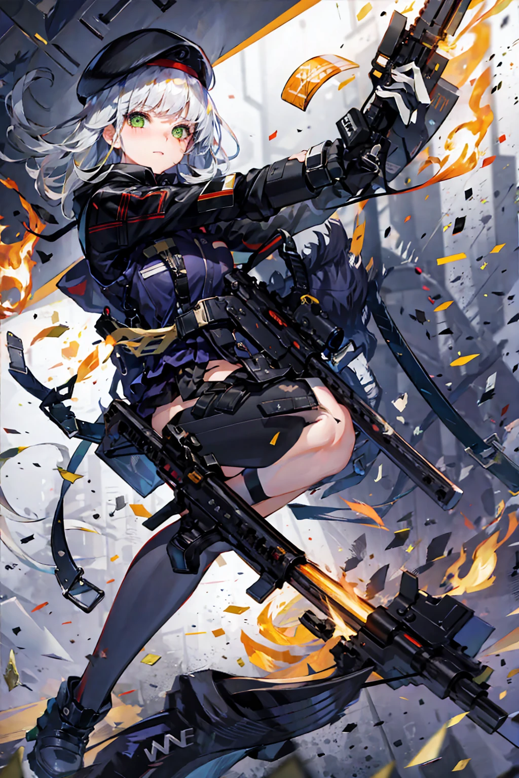 {{masterpiece，highest quality，Highly detailed CG，unity 8k wallpaper，Cinema Lighting，Lens flare brilliance}}，Girl shoots，A broad perspective，Full Body Lesbian，Thick body，Long Blonde Hair，Green Eyes，（Have a weapon，Take it，aim，aim：1.4），gun，h&K hK416，，Firing，photograph，