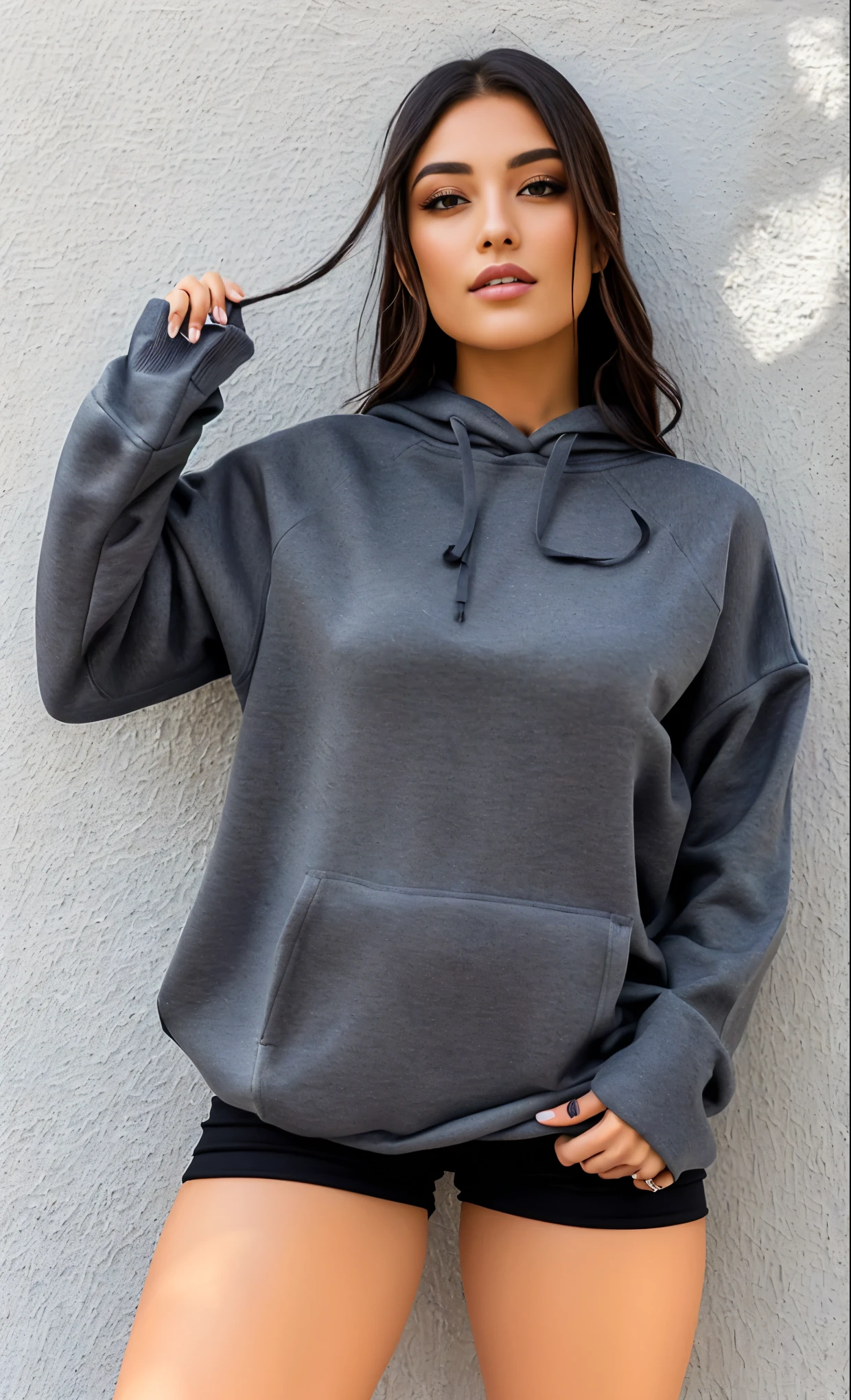 uma mulher de moletom cinza e short preto posando para uma foto, gray sweater, vestindo moletom, cinza escuro, superdimensionado, moda casual, roupas cinza, camisa cinza, wearing a dark sweater, cute moda casual, black sweater, 4 0 9 6, moletom cinza, pose casual, roupas realistas, superdimensionado hoodie, wearing casual sweater, solid gray, mulher em streetwear
