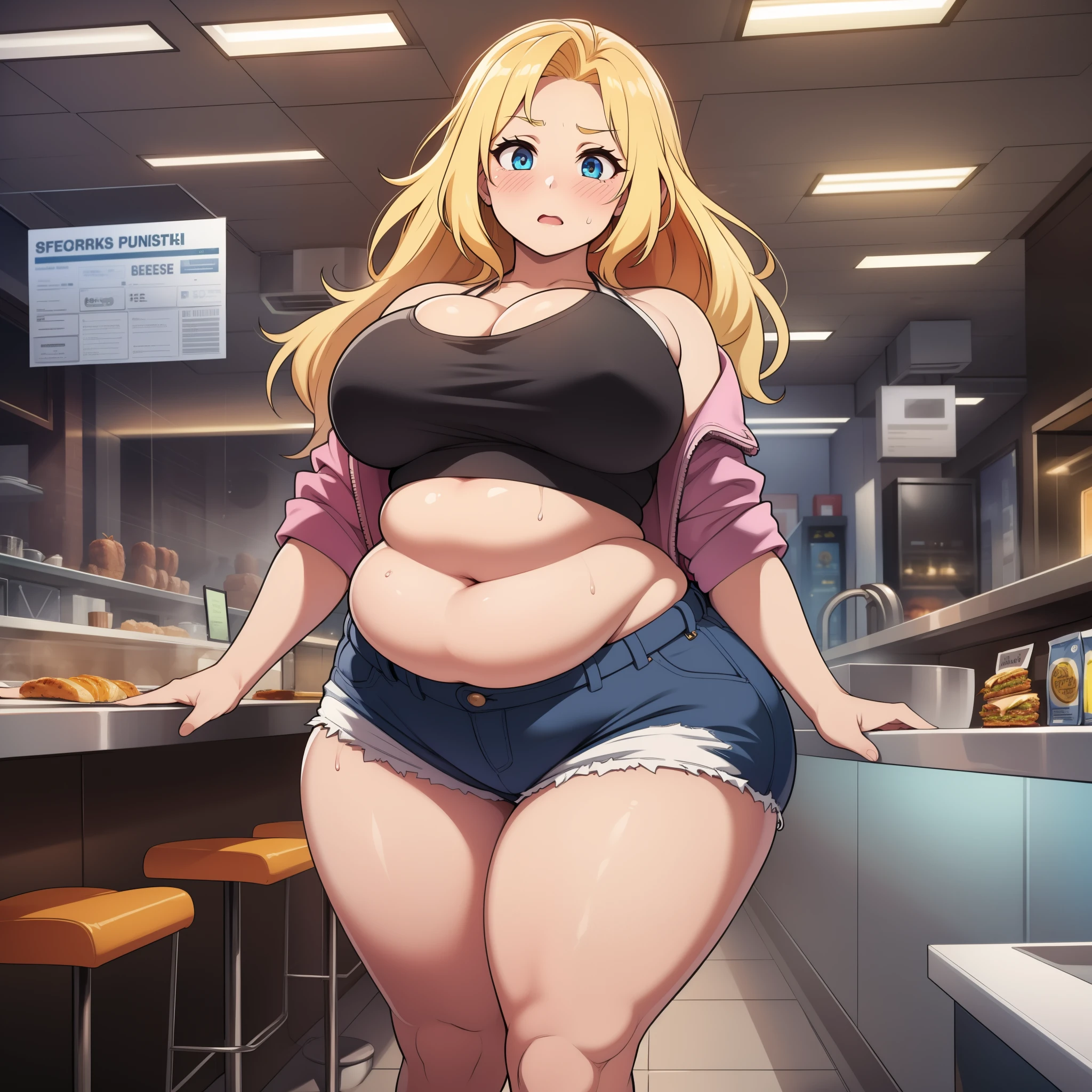 ((highres)), Masterpiece, high quality, best quality, beautiful, perfect lighting, detailed face, ultra cute face, ((1girl)), ((solo)), ((blush)), blonde hair, blue eyes, crop top and shorts, skindentation, full body, fast food restaurant, medium breasts, perky breasts, cleavage, ((wide hips)), (((thick thighs))), ((plump)), chubby belly, fat folds, standing,