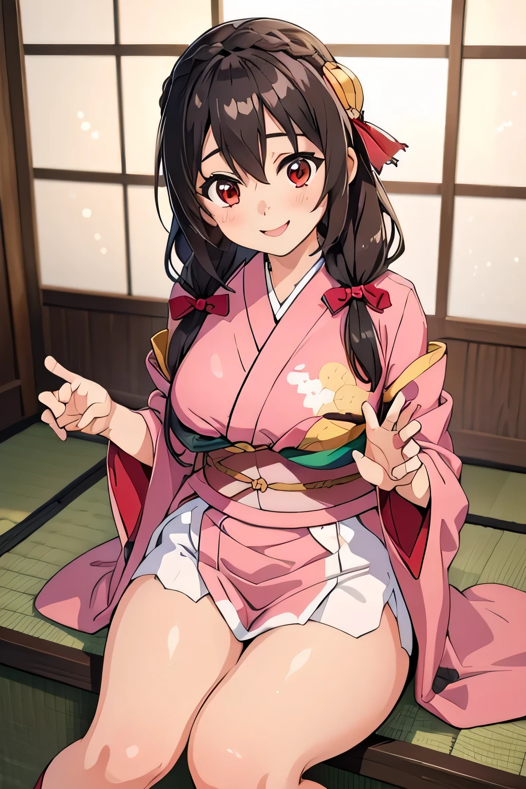 (masterpiece, highest quality), One girl,    Yunyun,Long Hair,Braiding,Twin tails,Hair between the eyes,Hair Ribbon,hair ornaments,Big Breasts,(Japan pink kimono:1.2),Red Eyes、The best smile、Thighs visible through slits