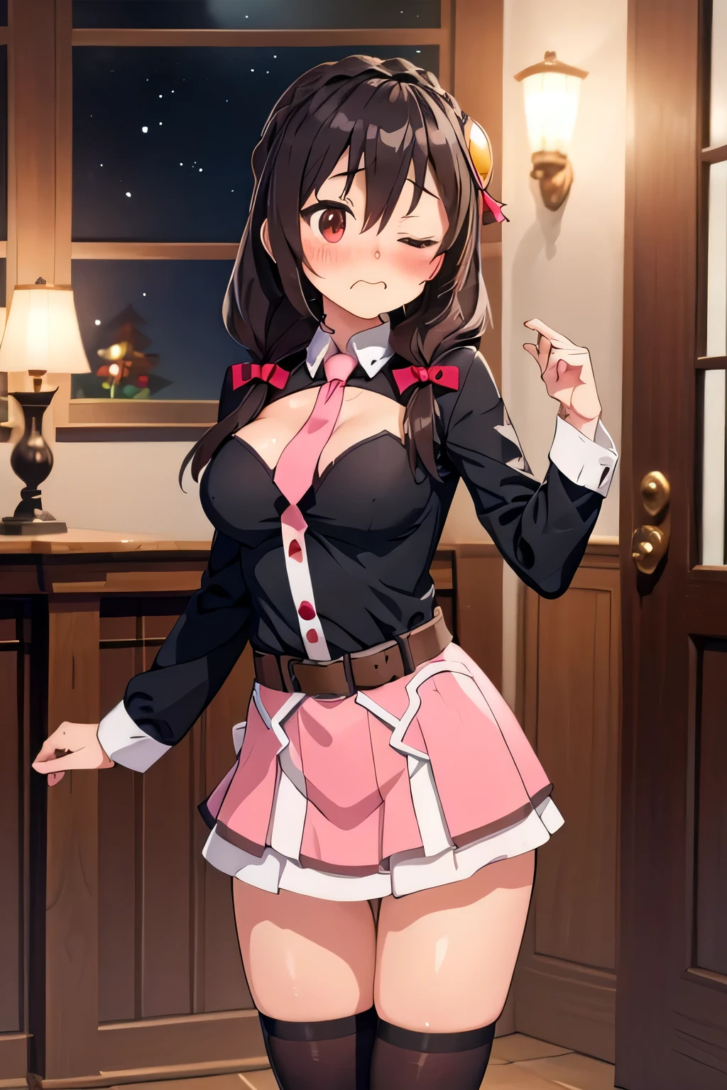 (masterpiece, highest quality), One girl,    Yunyun,Long Hair,Braiding,Twin tails,Hair between the eyes,Hair Ribbon,hair ornaments,large round breasts,、Pink Skirt、With both eyes closed、Keep your mouth shut、(blush:1.5)、Red cheeks、night、indoor、Crown Blade,Black Shirt, Long sleeve,Pink tie, belt, Cleavage cutout、Standing on tiptoes