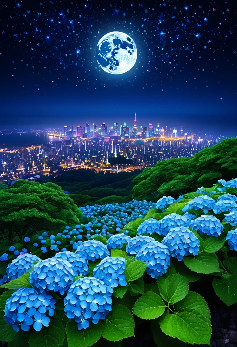 Colorful hydrangeas illuminated by the moonlight、A big moon and beautiful stars in the night sky、The stars are close to nature、The background is also very close to real nature.、Very beautiful night scenery、Very beautiful、In the background is a glittering futuristic cityscape at night.