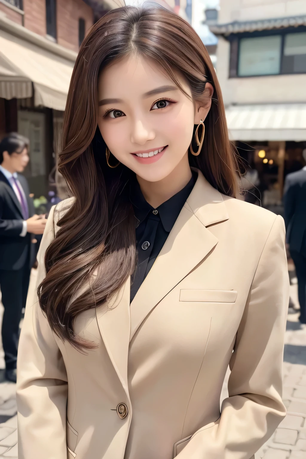 young woman、 Korean women、Brown Hair、Wavy Hair、ear piercing、、Black business suit、smile、Beautiful teeth alignment、Intricate details, Very detailed:1.2), 、 Looking into the camera,The background is the town、