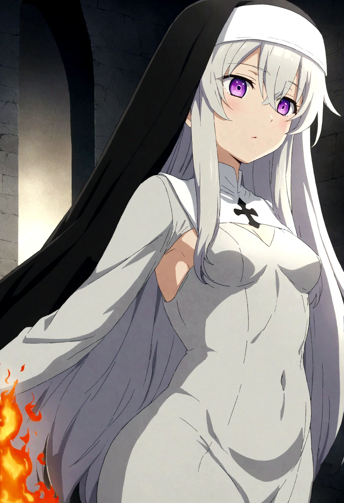 Lily is a 175 cm tall, 25 years old female. white shoulder-length hair. violet eyes. Medium chest and slightly plump butt. Wearing sexy nun outfit, anime, HD, good drawn eyes