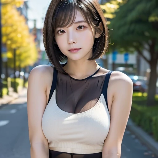 nsfw,Browsing Caution,A 22-year-old Japanese woman with short black hair and orange mesh up to her shoulders, with big breasts and an E cup,The upper half of her body is covered with a white sleeveless tank top that reveals her navel.,She is wearing a tight black micro mini skirt and has her legs spread wide to reveal her shaved pussy.,Roads in the city,Daytime