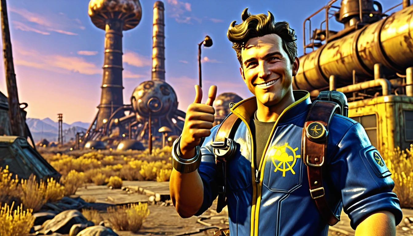 band, expressive eyes, wink, in fallout Vault-Tec jumpsuit with pip-boy 3000 , thumbs up pose, wasteland in sunset and nuclear bomb explosion with mushroom cloudin background, detail richness, masterpiece, best quality, fallout style