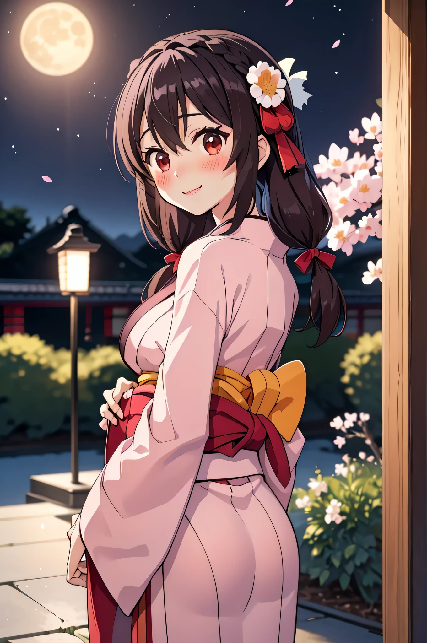 (masterpiece, highest quality), One girl,    Yunyun,Long Hair,Braiding,Twin tails,Hair between the eyes,Hair Ribbon,hair ornaments,Big Breasts,(Japan pink kimono:1.2),Red Eyes、(The best smile)、(blush:1.5)、cherry blossoms、Slit in kimono、Moonlit Night、Look back