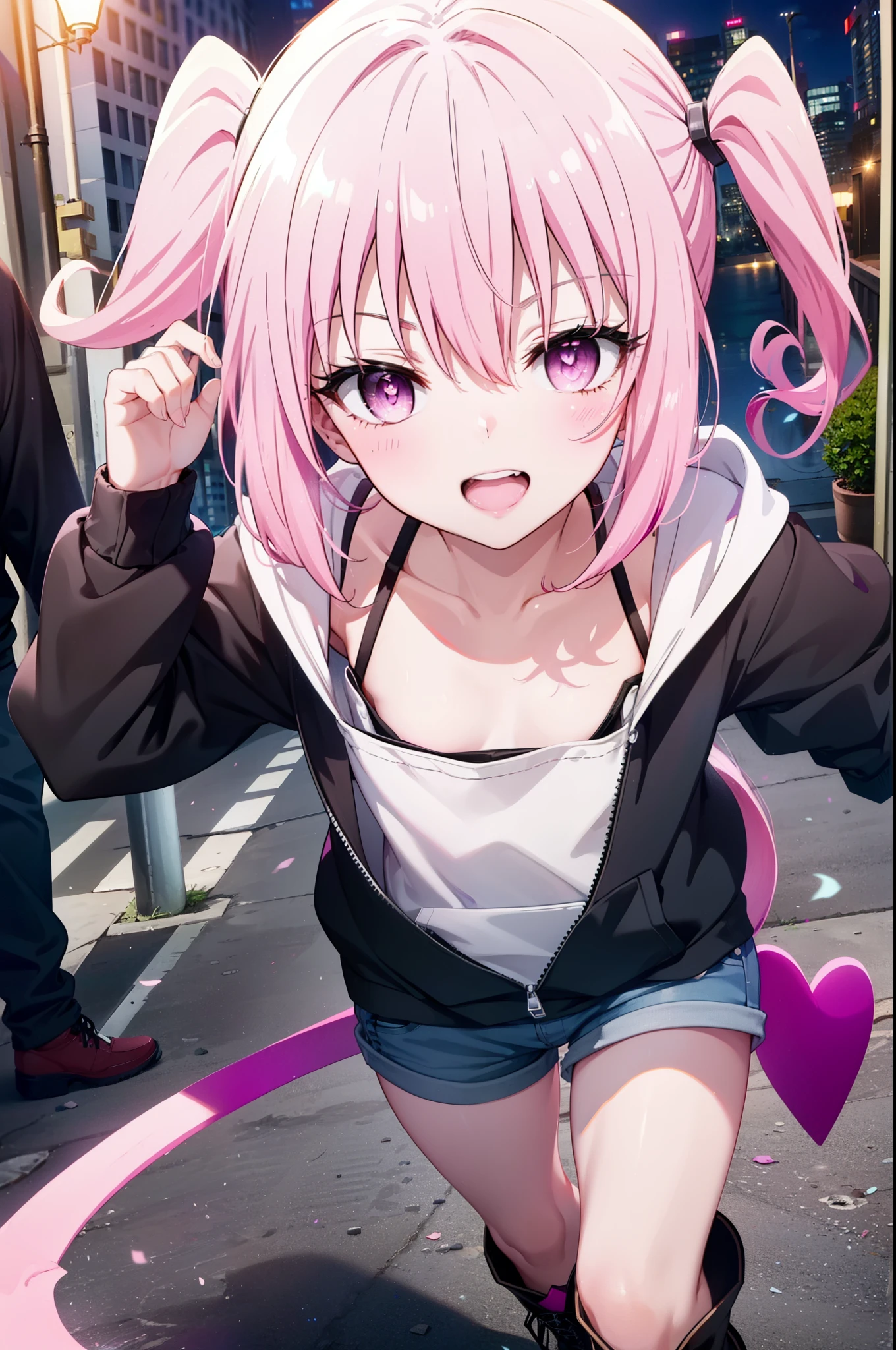  devil,  That deviluke, One Girl,teeth, Long Hair, (Pink Eyes:1.5), Pink Hair, tail, Twin tails, (Flat Chest:1.2),tail,happy smile, smile, Open your mouth,
break demon tail,  Oversized hoodie,Shorts,Black knee socks,short boots,walking,whole bodyがイラストに入るように,
break outdoors, city,construction area,
break looking at viewer, whole body,
break (masterpiece:1.2), highest quality, High resolution, unity 8k wallpaper, (shape:0.8), (beautiful detailed eyes:1.6), extremely detailed face, Perfect lighting, extremely detailed CG, (Perfect hands, Perfect Anatomy),