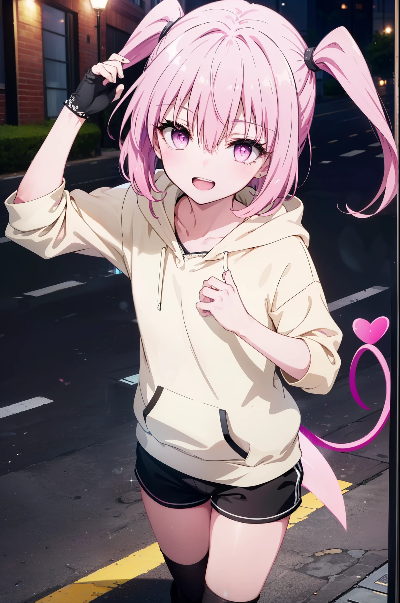 devil, That deviluke, One Girl,teeth, Long Hair, (Pink Eyes:1.5), Pink Hair, tail, Twin tails, (Flat Chest:1.2),tail,happy smile, smile, Open your mouth,
break demon tail, Oversized hoodie,Shorts,Black knee socks,short boots,walking,whole bodyがイラストに入るように,
break outdoors, city,construction area,
break looking at viewer, whole body,
break (masterpiece:1.2), highest quality, High resolution, unity 8k wallpaper, (shape:0.8), (beautiful detailed eyes:1.6), extremely detailed face, Perfect lighting, extremely detailed CG, (Perfect hands, Perfect Anatomy),