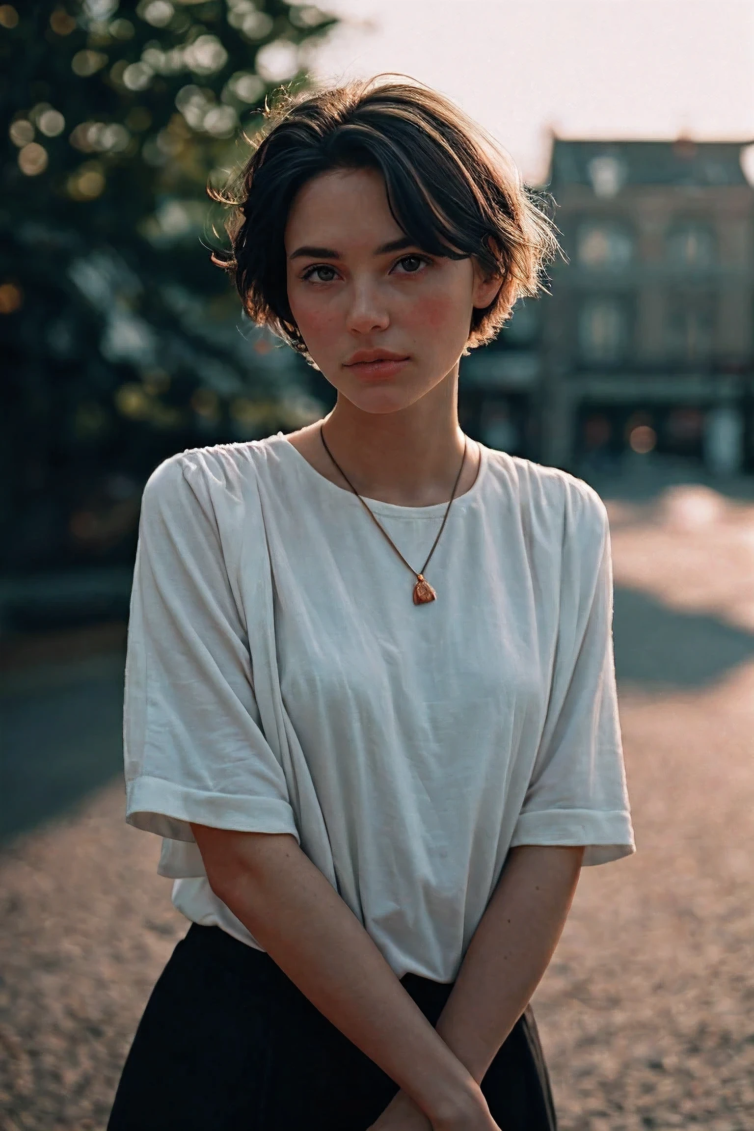 Portrait of Beautiful Female Short hair, shot on Leica, shadowplay, gorgeous lighting, subtle pastel hues, outdoors
