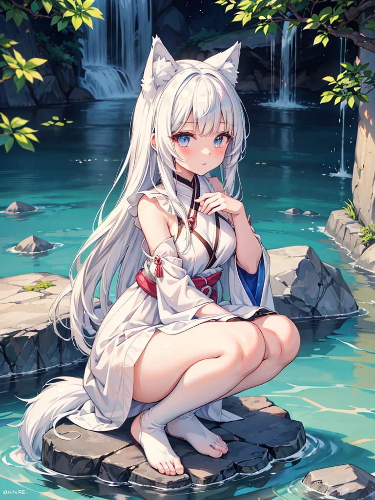 anime girl with white hair and white dress sitting on a rock, an anime drawing inspired by Sengai, pixiv contest winner, furry art, holo is a wolf girl, seductive anime girl, holo if a wolf girl, white haired deity, anime goddess, loli in dress, beautiful anime girl squatting, flowing hair and long robes