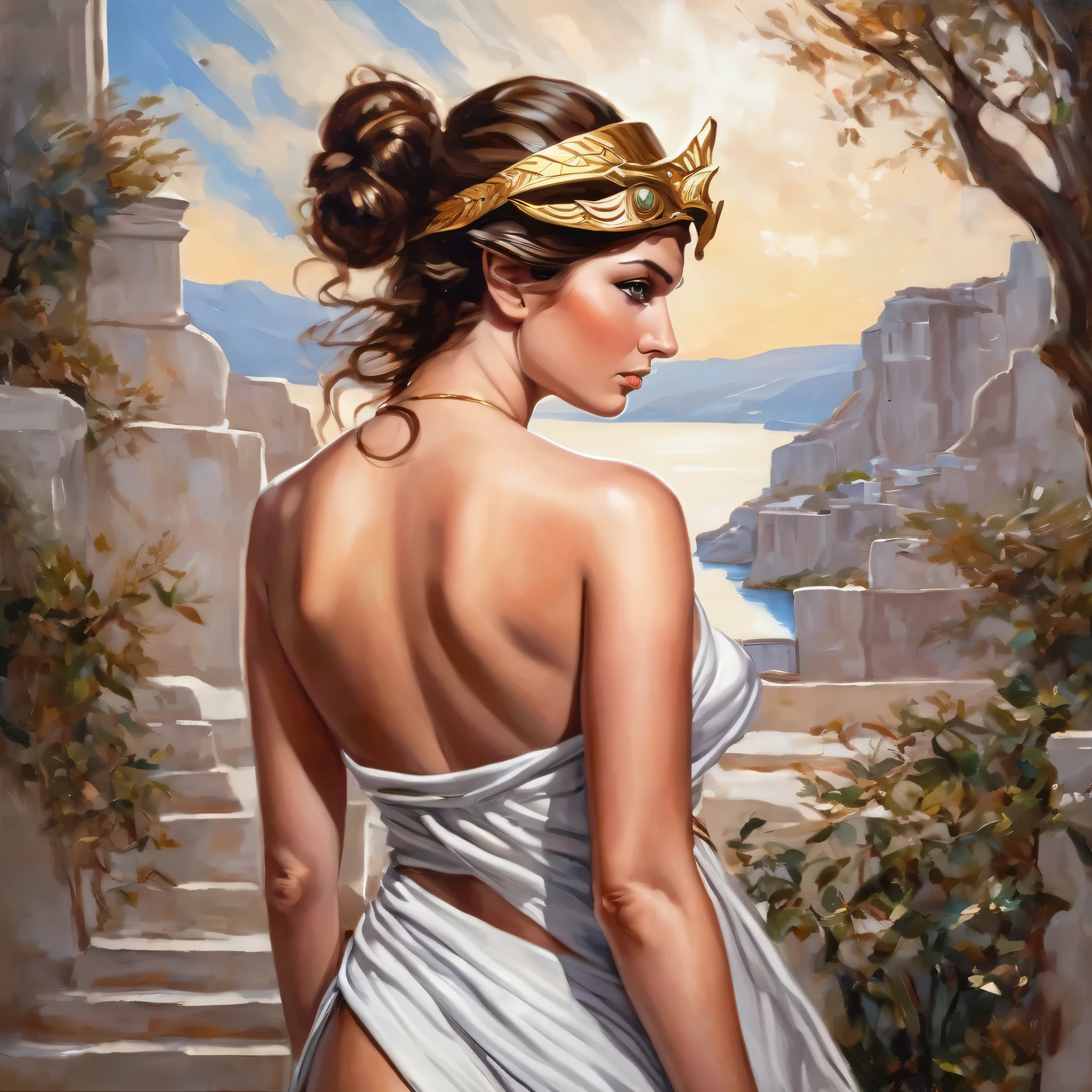 A NSFW painting of the Goddess Athena, a beautiful divine greek warrior and sensual woman with brown hair and fierce gray eyes. She is showing her beautiful ass and looking back. View from behind.