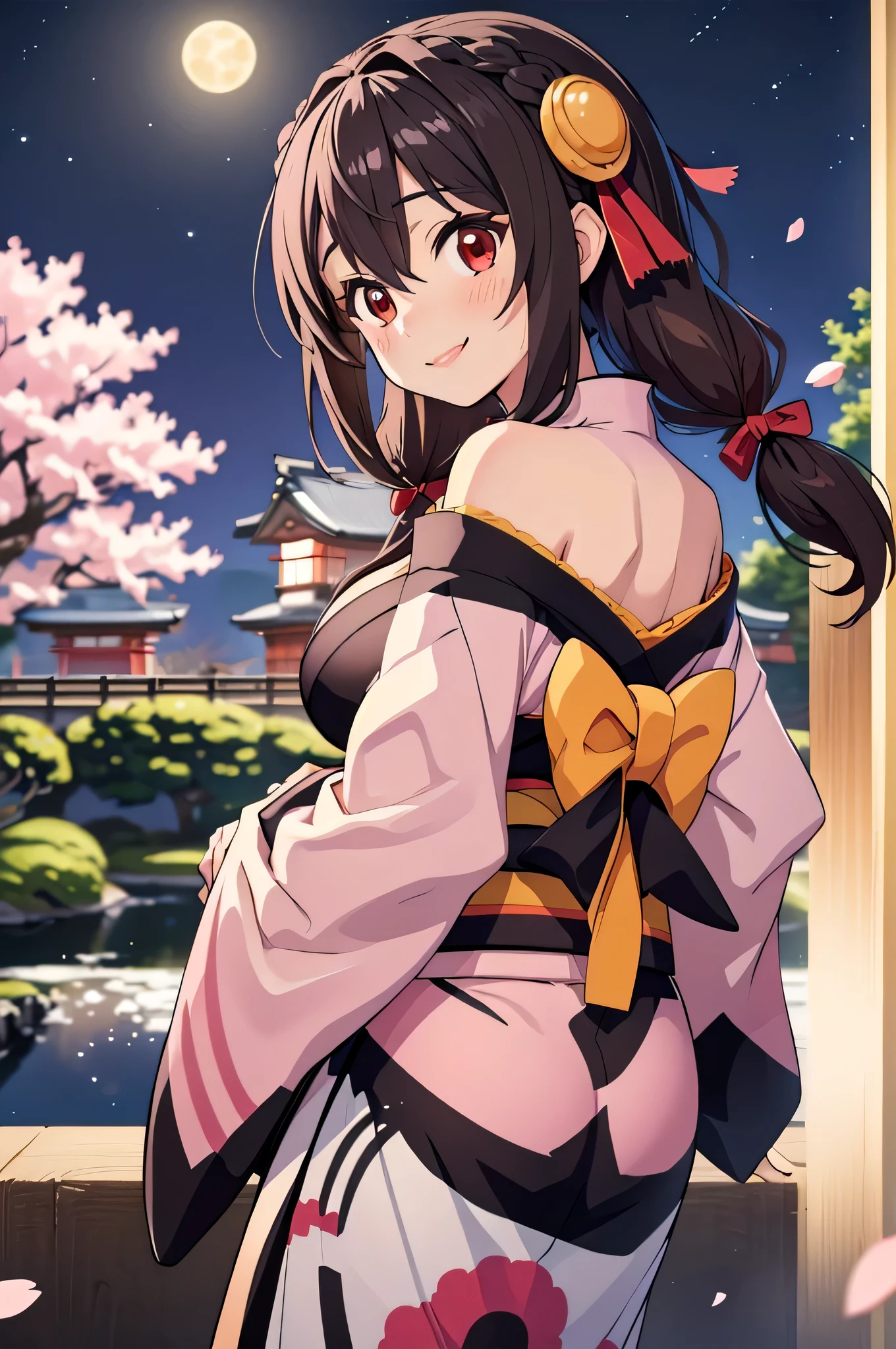 (masterpiece, highest quality), One girl,    Yunyun,Long Hair,Braiding,Twin tails,Hair between the eyes,Hair Ribbon,hair ornaments,Big Breasts,(Japan pink kimono:1.2),Red Eyes、The best smile、cherry blossoms、Slit in kimono、Moonlit Night、Look back