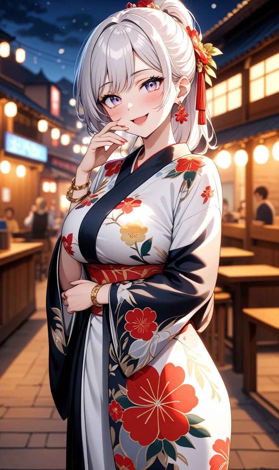 ((one personの女性)), Beautiful Face,(a woman covering her face with her hand in embarrassment. She is partially hiding her face with one hand and blushing shyl),(Bright red cheeks:1.3),((Wink:2.0)),Laughing embarrassedly,Laughing with your mouth open,Glossy pink lips,Cinema lighting,night,Outdoor tavern,firework,((Anime style background)),masterpiece, highest quality, so beautiful, Latest, Complex details, (Pink long nails),(ring),(bracelet),AI-generated, Complex,High resolution, highest quality, super high quality,3D Images、View your viewers、3D Images,one person,Long white hair,High Ponytail,(blue eyes),Anime woman posing for a photo, ((Fine grain、Silvery white colorful eyes、Shining Eyes:1.3)),(Squint your eyes:1.1),a hyperRealistic , hyperRealistic , Realistic,Anime woman with long and white hair, Smooth anime CG art, A woman in a colorful kimono with gold embroidery, (Black kimono),Red floral pattern,Long flower hair ornament,Big earrings,Mature Body,(Big Breasts:1.1),Tall,Fine details,Narrow waist,(Face close-up:1.3),