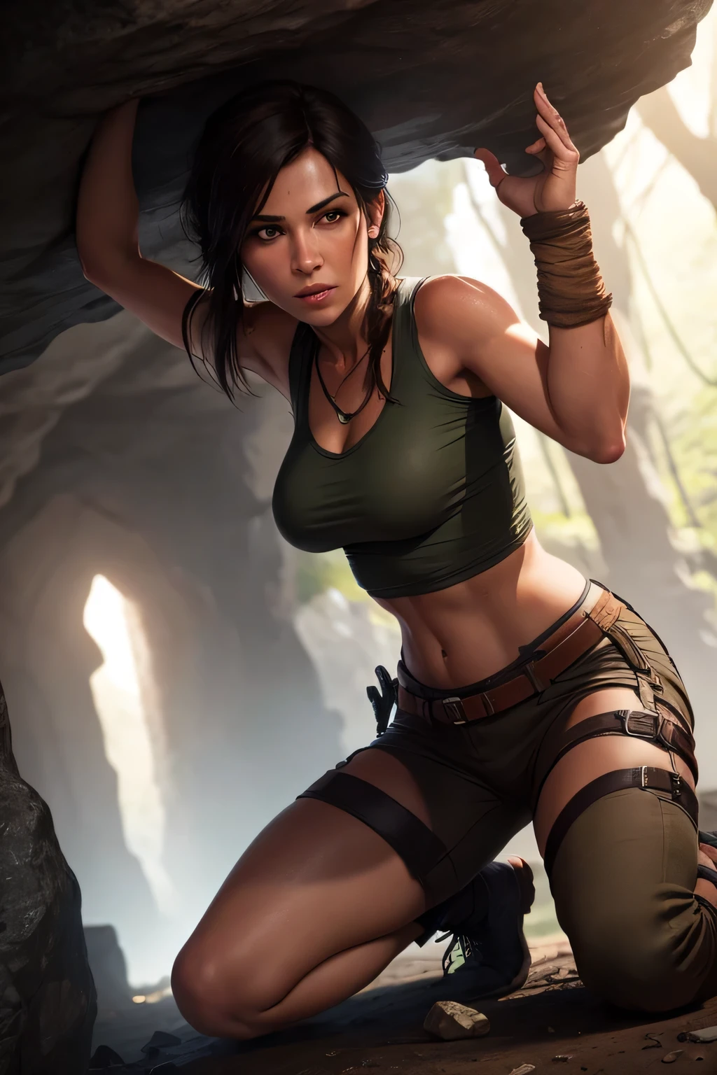 Create a realistic image of Lara Croft discovering an ancient artifact in an underground cave. Lara is wearing her classic Tomb Raider outfit: a tank top, cargo shorts, sturdy boots. She is illuminated by the light from her torch, which casts flickering shadows on the cave walls. The cave is filled with intricate carvings, ancient symbols, and stalactites hanging from the ceiling. Lara is kneeling or bending down, carefully retrieving the artifact from a pedestal or hidden compartment. The artifact is a detailed, mysterious object from one of the Tomb Raider games, such as the Scion from the original game or the Dagger of Xian from Tomb Raider II. perfect face, ultra detailed face, perfect brown eyes, beautiful face, perfect anatomy. Additional Details: Background: Underground cave with intricate carvings, ancient symbols, stalactites, and shadows cast by the torchlight. Artifact: Detailed, mysterious object from one of the Tomb Raider games (e.g., Scion, Dagger of Xian). Lighting: Flickering torchlight illuminating the scene, creating dramatic shadows and a sense of mystery.